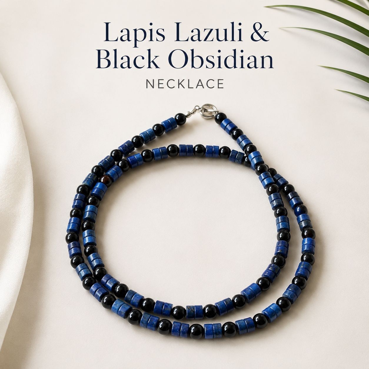 Natural Lapis Lazuli & Black Obsidian Bead Necklace Unisex Gemstone Jewelry