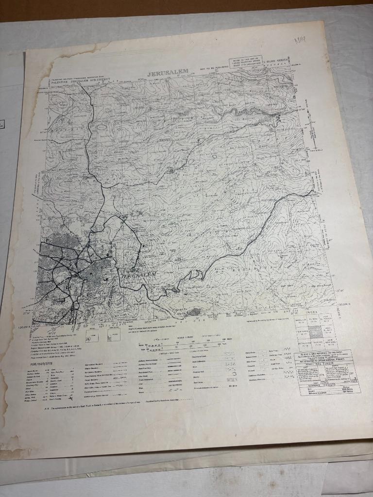 1943 Jerusalem printed on canceled Hebron Map water stains Mandatory Palestine