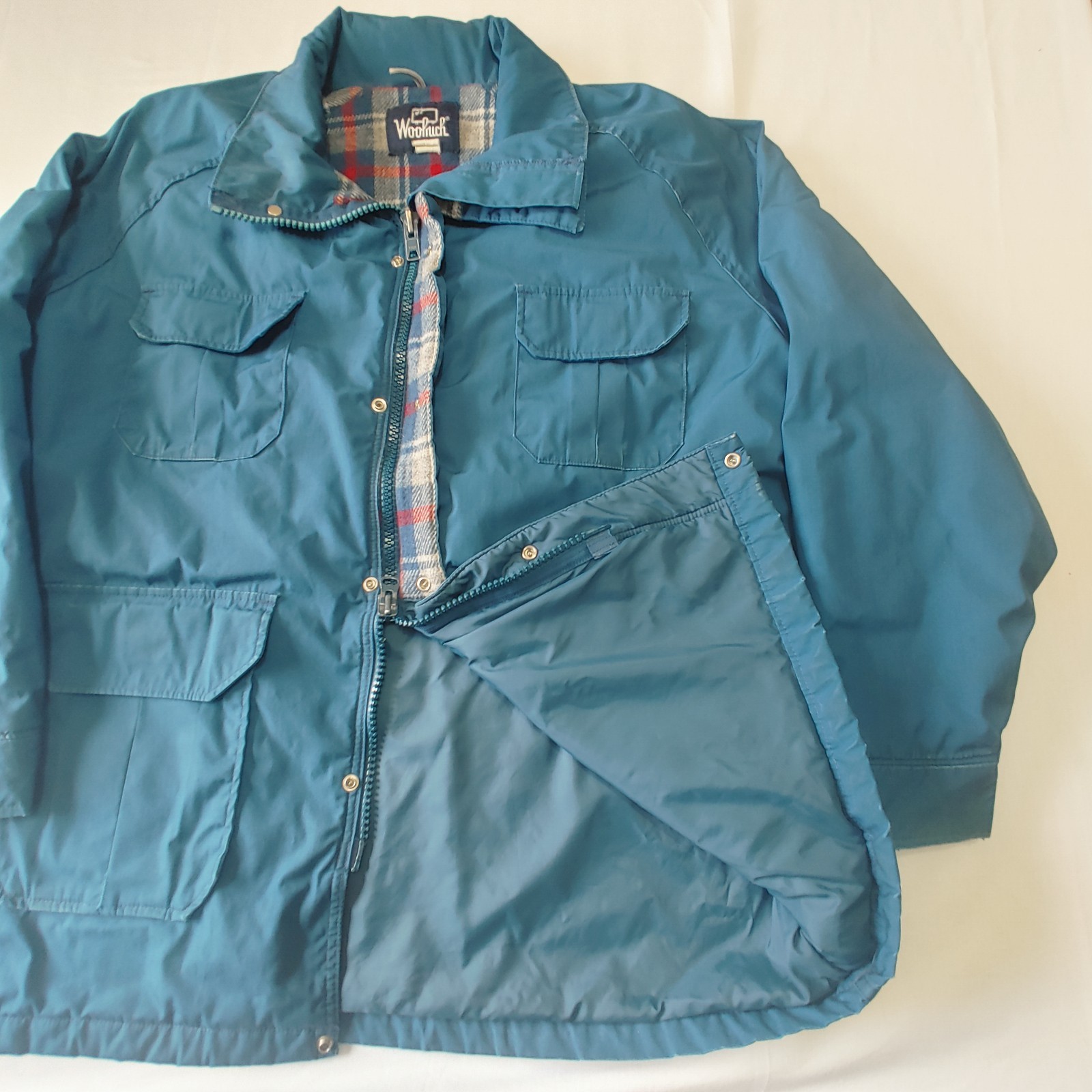 Vintage Woolrich Jacket Womens Medium Blue Hooded Flannel Lined Made USA 90s