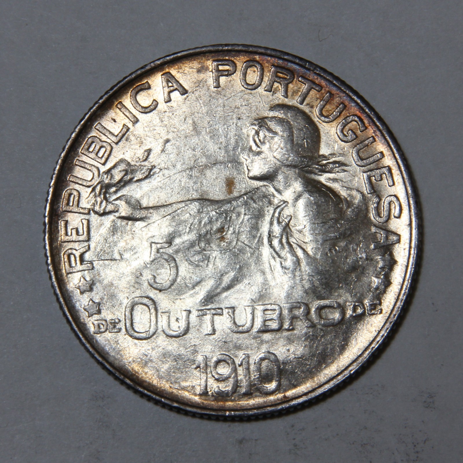 1914 Portugal Silver 1 Escudo October 5 1910 Republic Commem. CHOICE AU -662-