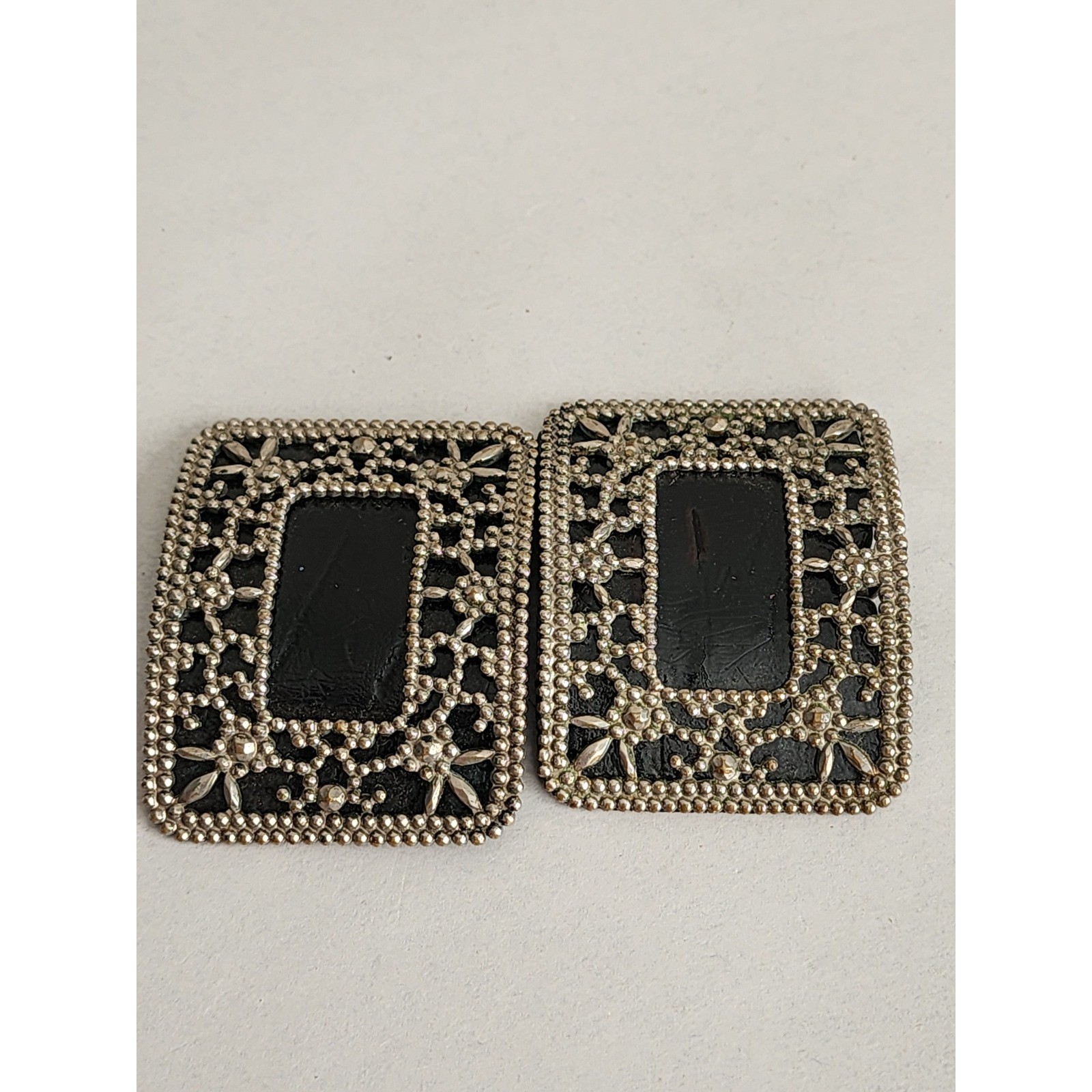 Antique Cut Steel Shoe Buckles Pair Floral Black Backing Victorian Edwardian