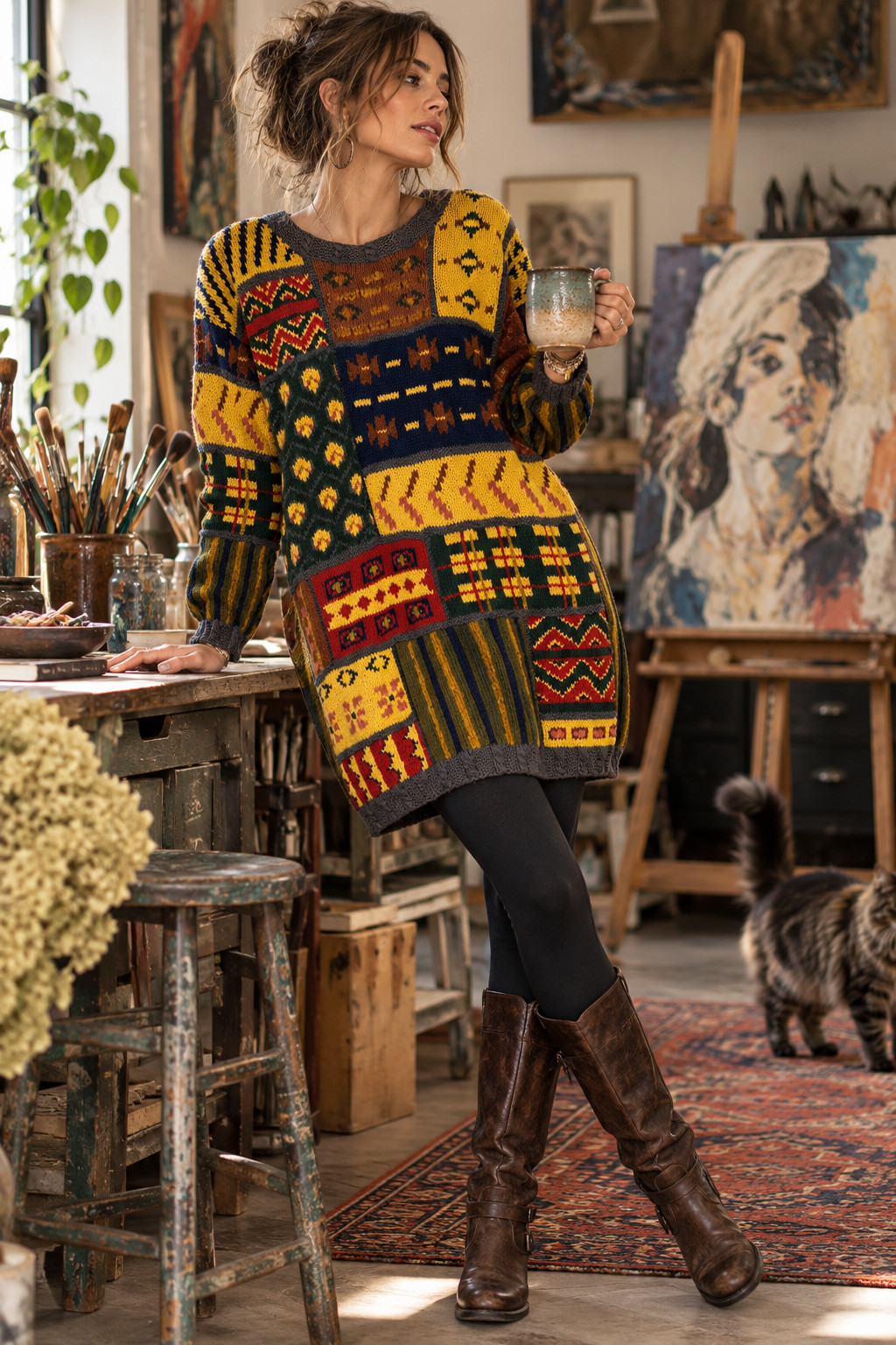 Vintage 80s Westbound Hand Knit Patchwork Tunic Sweater S Wearable Art Longline