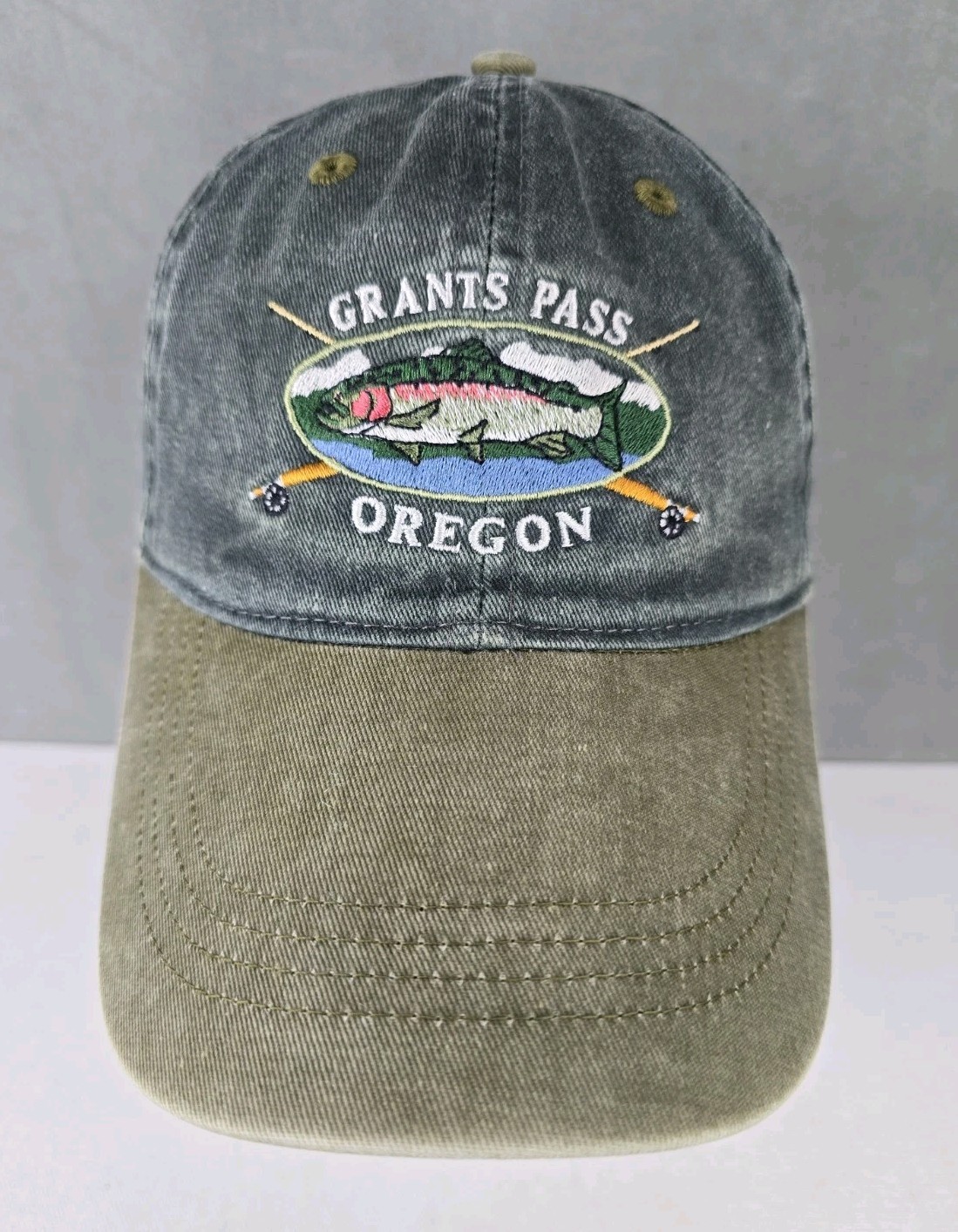 vtg Grants Pass fish hat Rogue river Chinook Salmon embroidered strap back cap