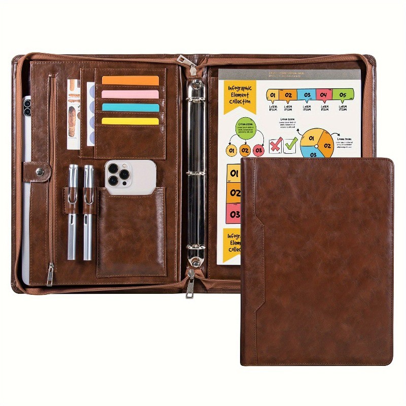 Leather Zippered Padfolio Binder - 3-Ring Business Portfolio Organizer 