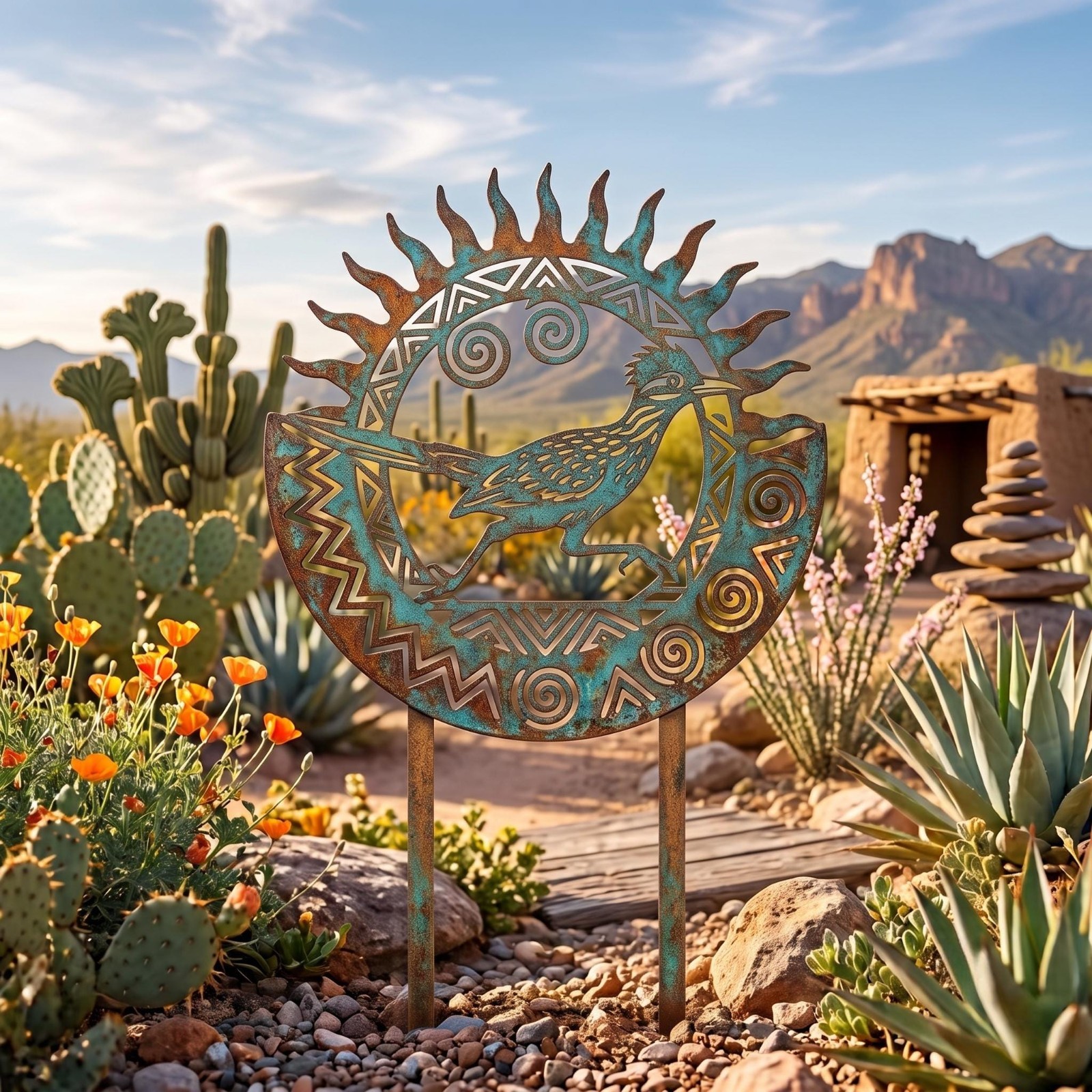 Roadrunner Metal Garden Stake, Southwest Sun Yard Art, Hand-Flamed Multicolor