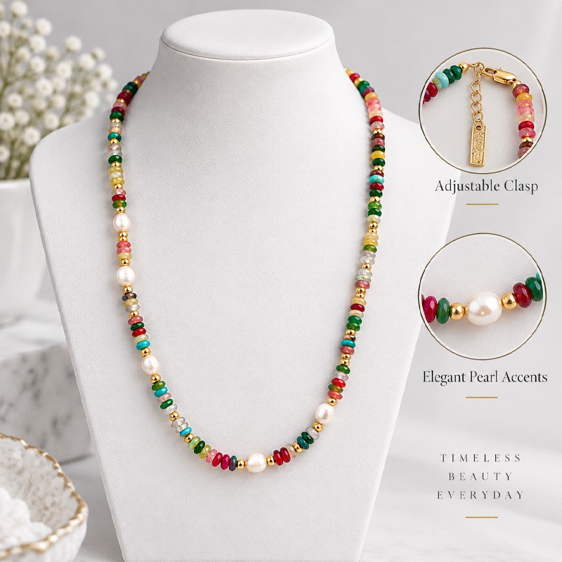 Premium Assorted Gemstone Rainbow Women Necklace Natural Freshwater pearl Choker
