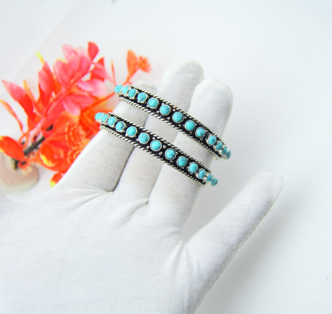 Solid 925 Sterling Silver Turquoise Handmade Gemstone Bangle Bracelet 2Pcs