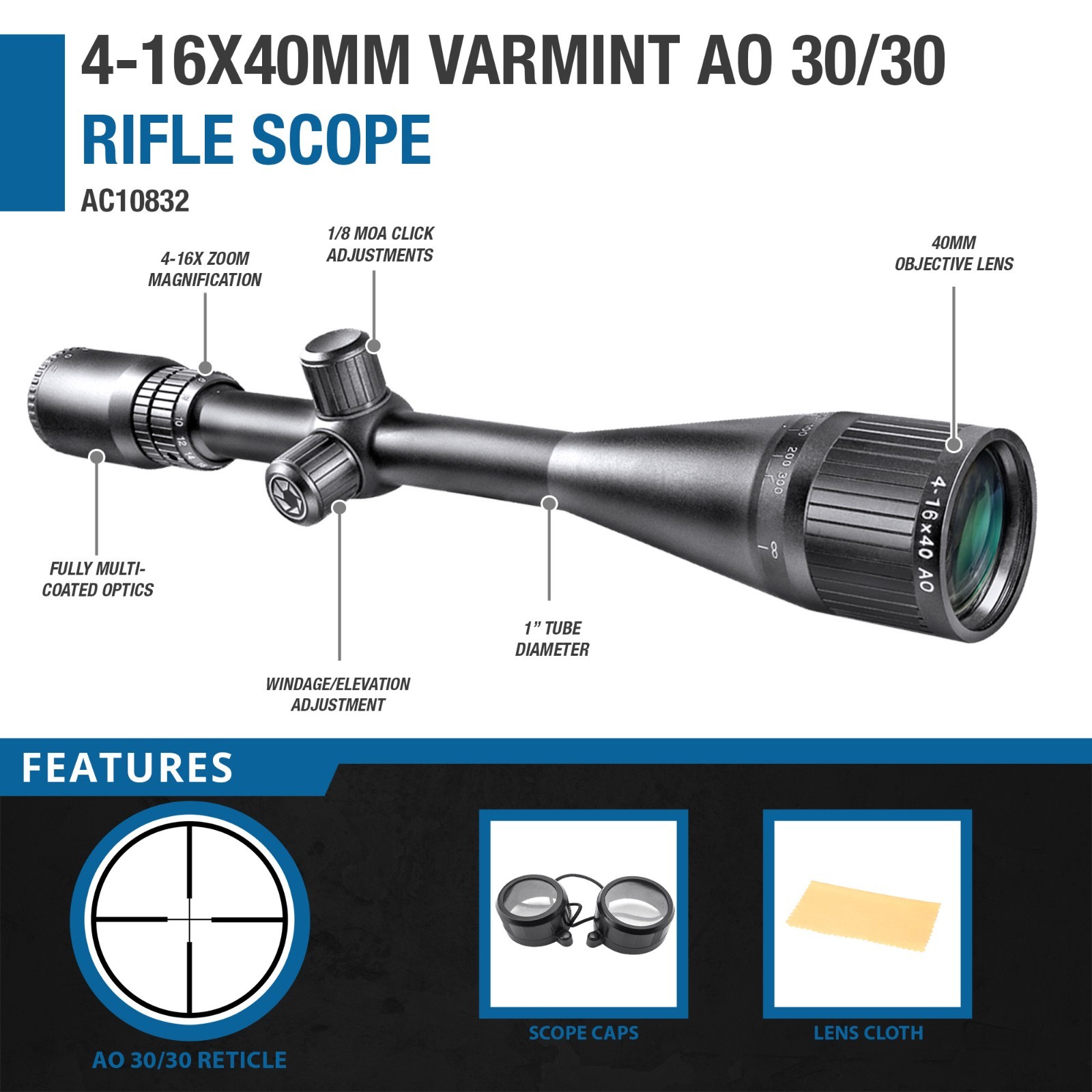 Barska 4-16x40mm Varmint Long Range Riflescope 30/30 Reticle with AO AC10832