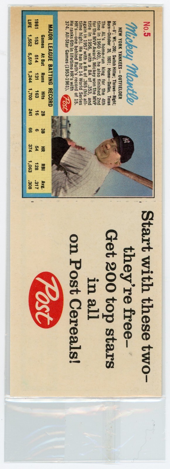 1962 Post Cereal Mickey Mantle and Roger Maris SEALED in original wrapper Rare