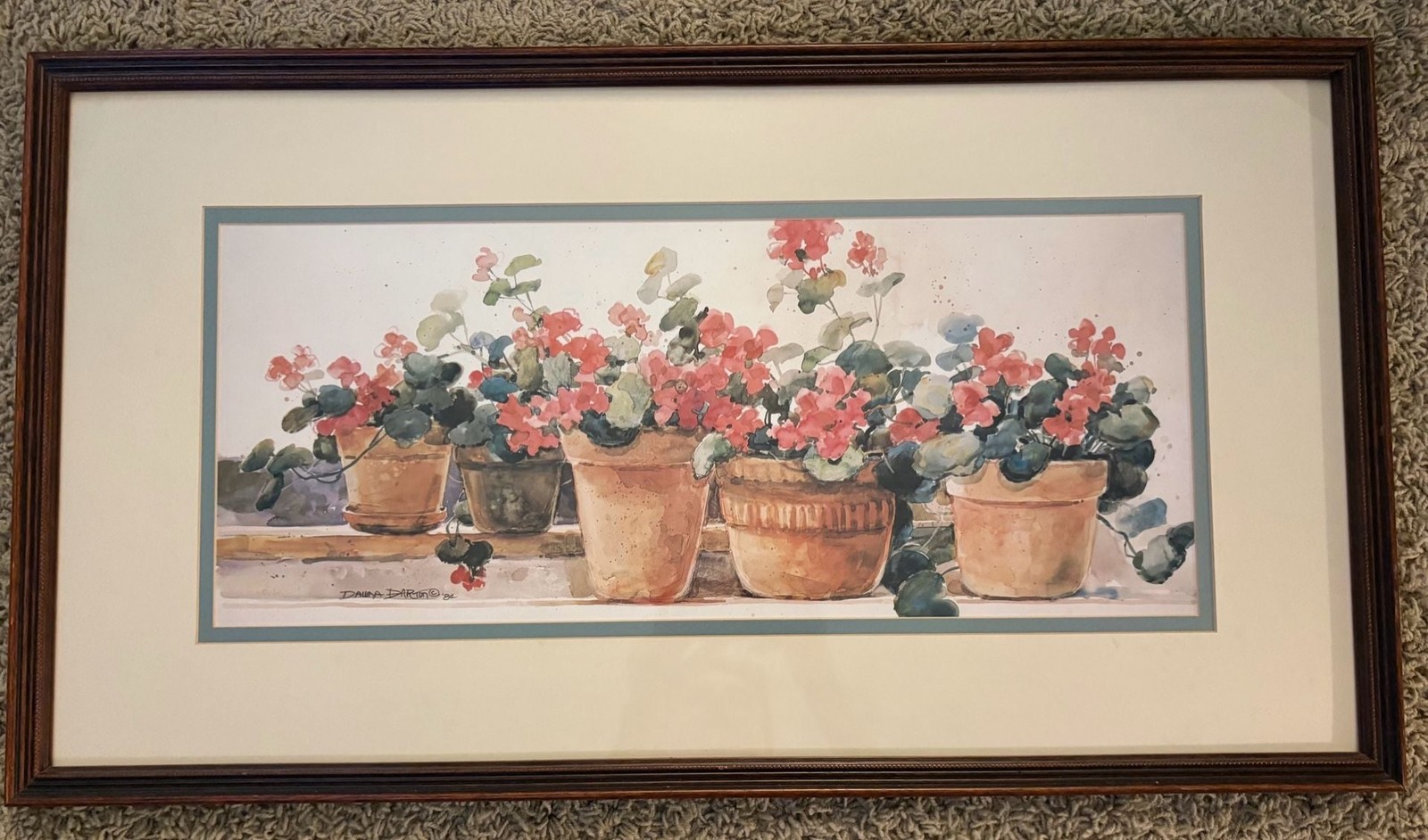 Dawna Barton Framed Watercolor Print Red Geraniums in Pots \'84 Dawna Barton Framed Watercolor Print Red Geraniums in Pots \'84