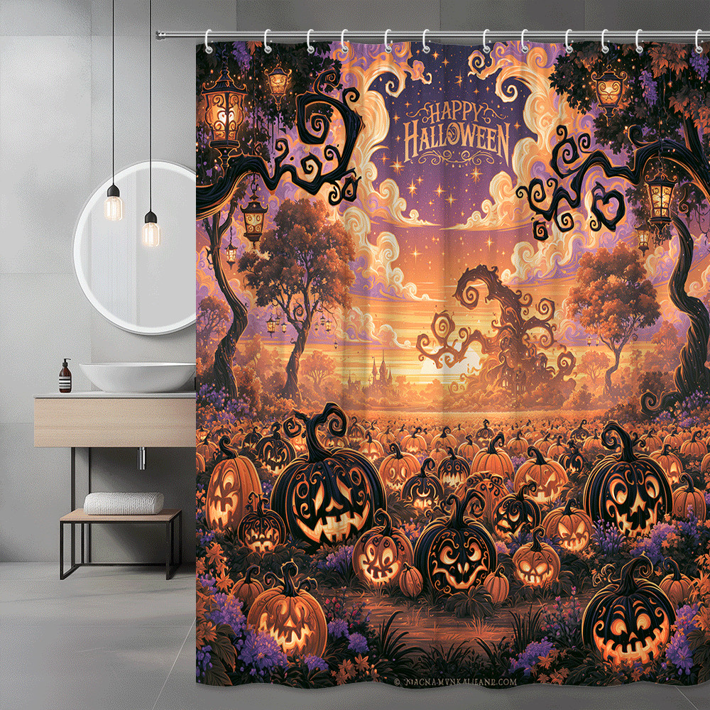Halloween Pumpkin Patch Shower Curtain, Spooky Fall Landscape Print