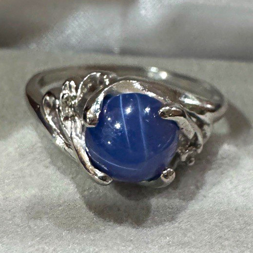 10K White Gold Blue Round Star Sapphire Prong Set Ring Size 6 2mm Band