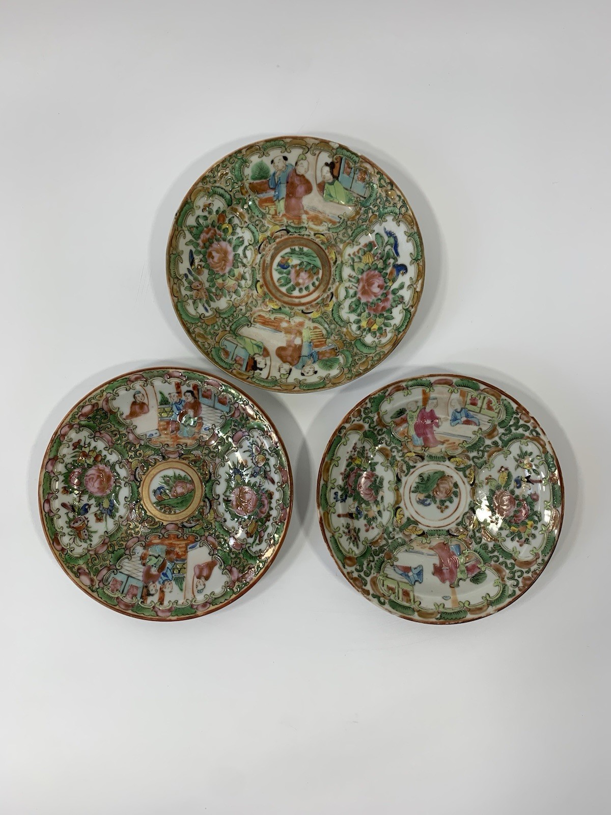 Antique 19th Century Qing Chinese Famille Rose Medallion Saucer Plates 13cm Trio