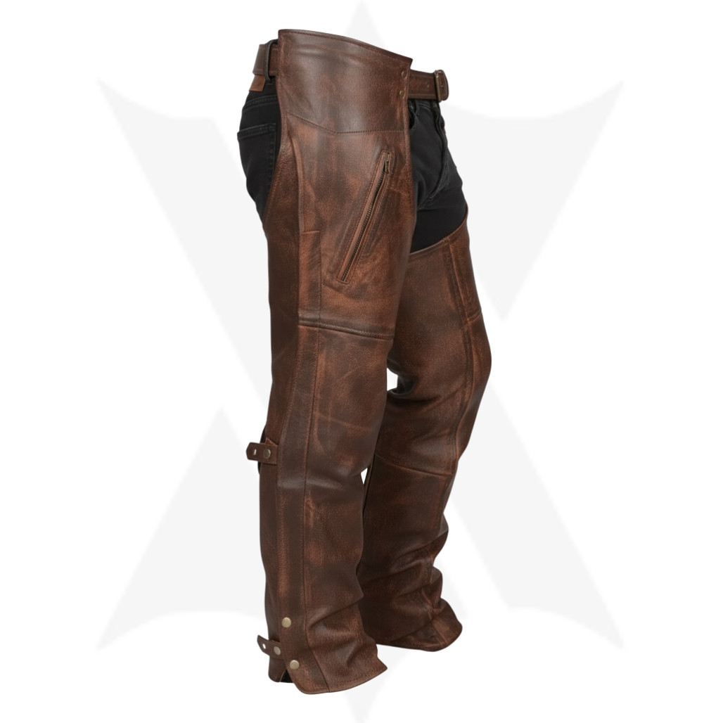 Distressed Brown Leather Motorcycle Chaps Mens Biker Riding Pants