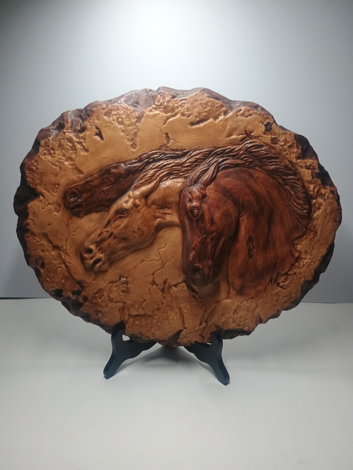 Vintage MCM 3D Raised Relief Horse Wall Art Oval Ceramic Western Lodge Rustic