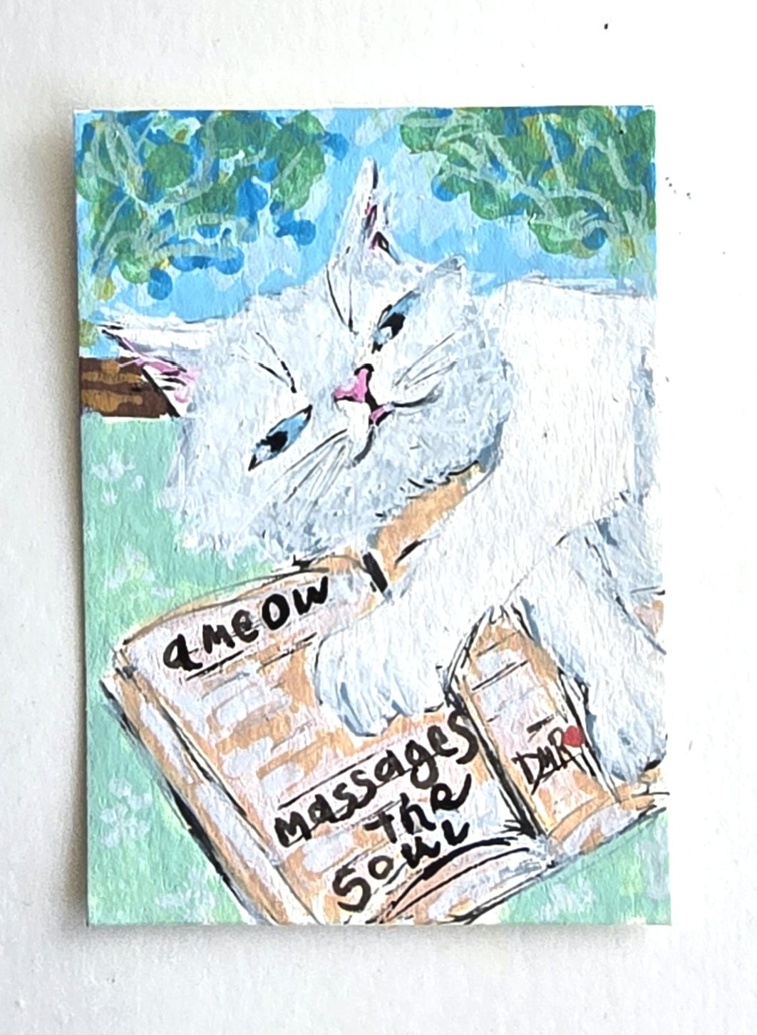 Original ACEO White Cat By Window Open Book Dulce Maria Rico\
