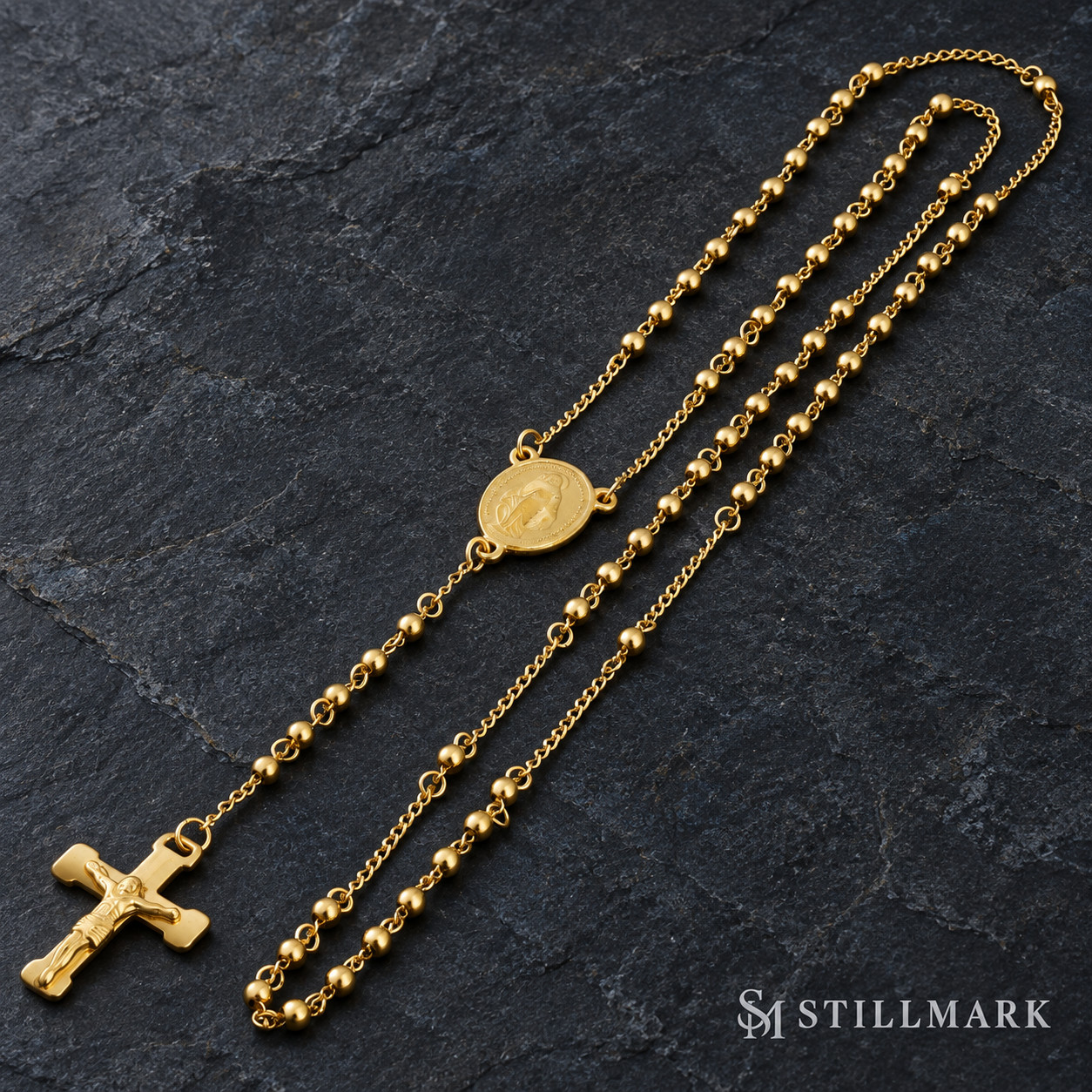 Men\'s Stainless Steel Gold Lady of Guadalupe Rosary Necklace Crucifix 4mm 26\
