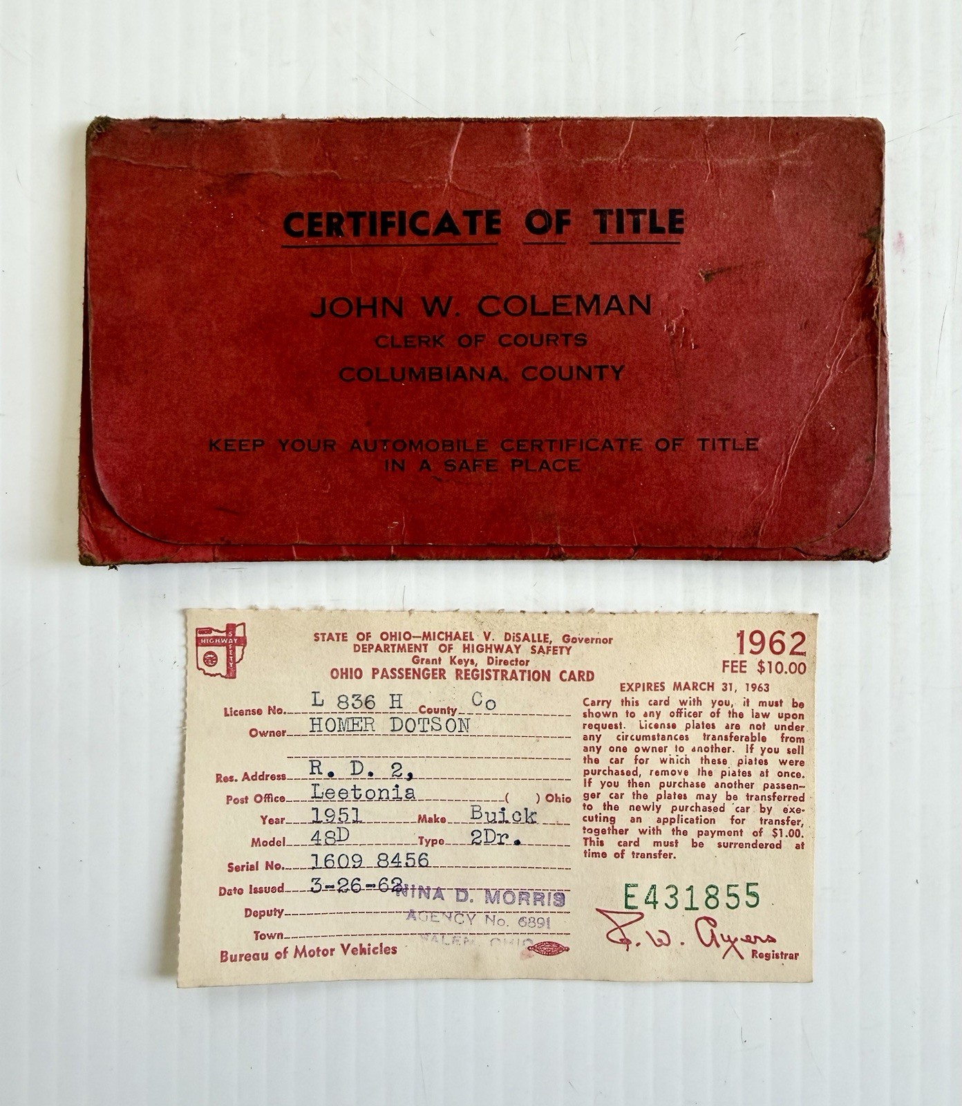 Vintage 1962 Certificate Of Car Title Ohio Document- 1951 Buick 48D 2 Door Vintage 1962 Certificate Of Car Title Ohio Document- 1951 Buick 48D 2 Door