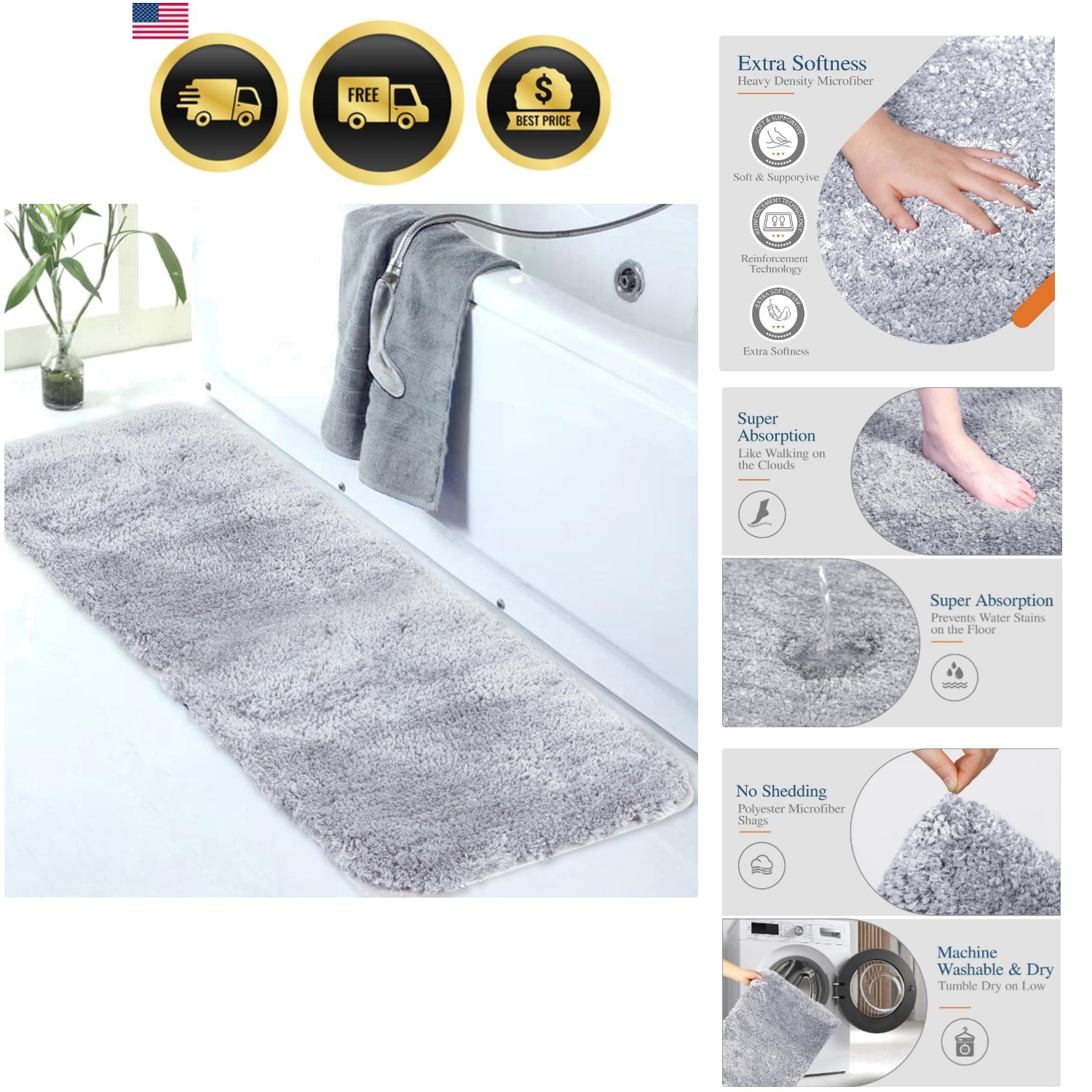 Large Bathroom Rug 24 x 60, Grey Extra Soft and Absorbent Shaggy Bathroom Mat...