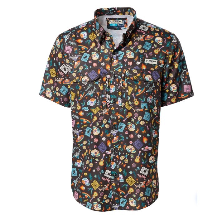 MAGELLAN Mens Dia De Los Muertos Fishing Shirt Medium Black Short Sleeve NWOT
