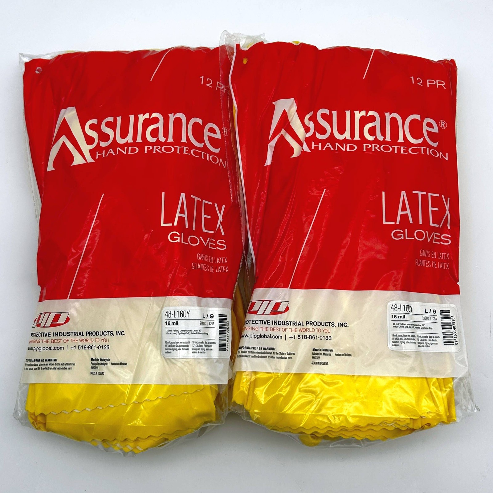 PIP Assurance 48-L160Y Latex Gloves Large/9 Yellow 16mil 12in Flocked 24 Pairs