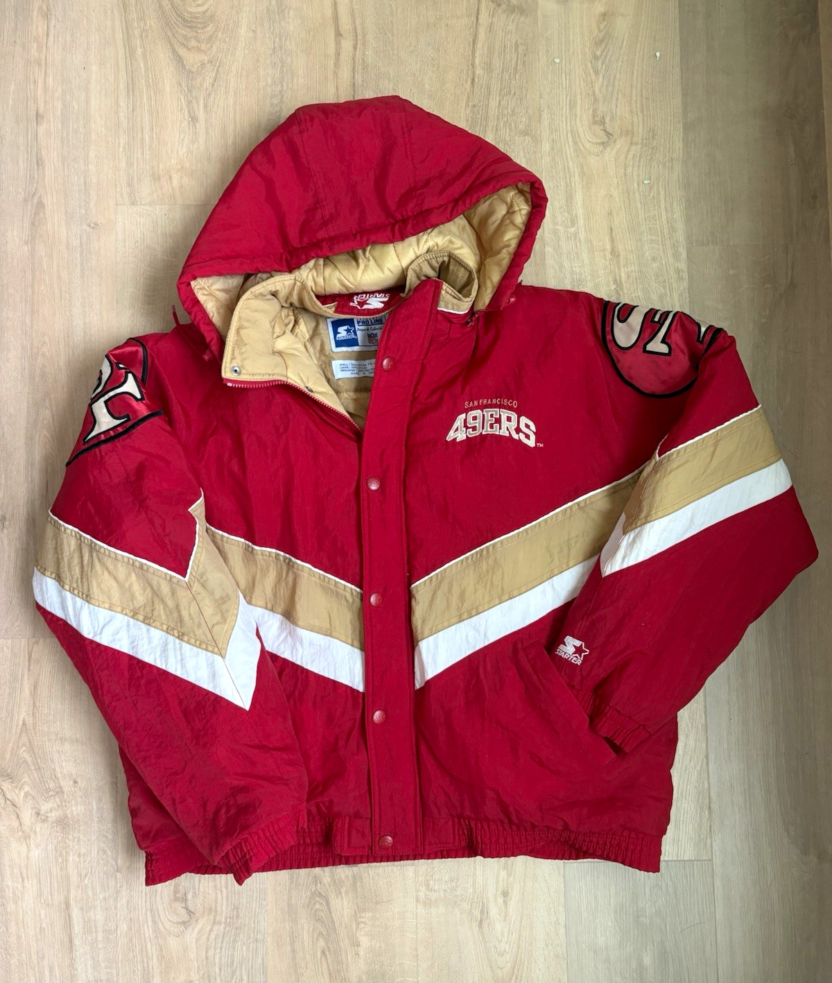 Vintage Starter San Francisco 49ers NFL Football Hooded Jacket XL Red Gold White