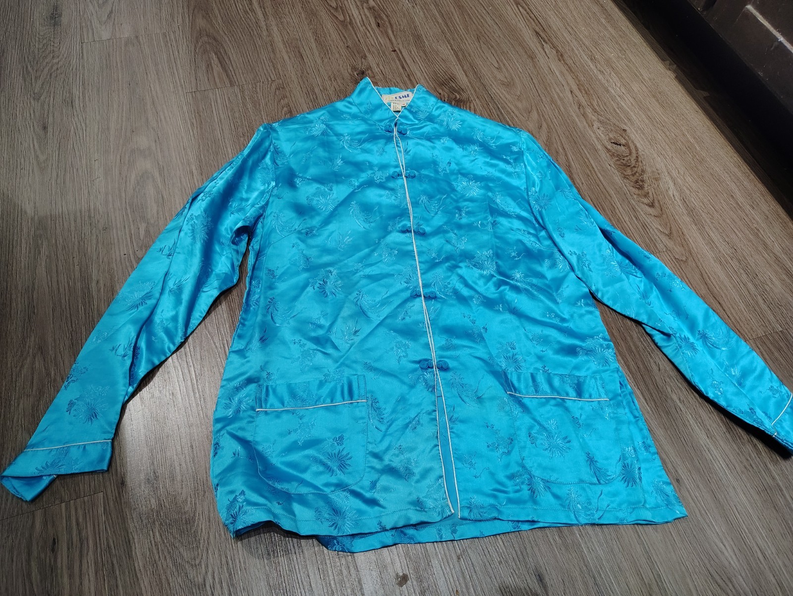 Vintage ESME 100% Pure Silk Chinese Mandarin Jacket Turquoise Floral Embroidered Vintage ESME 100% Pure Silk Chinese Mandarin Jacket Turquoise Floral Embroidered