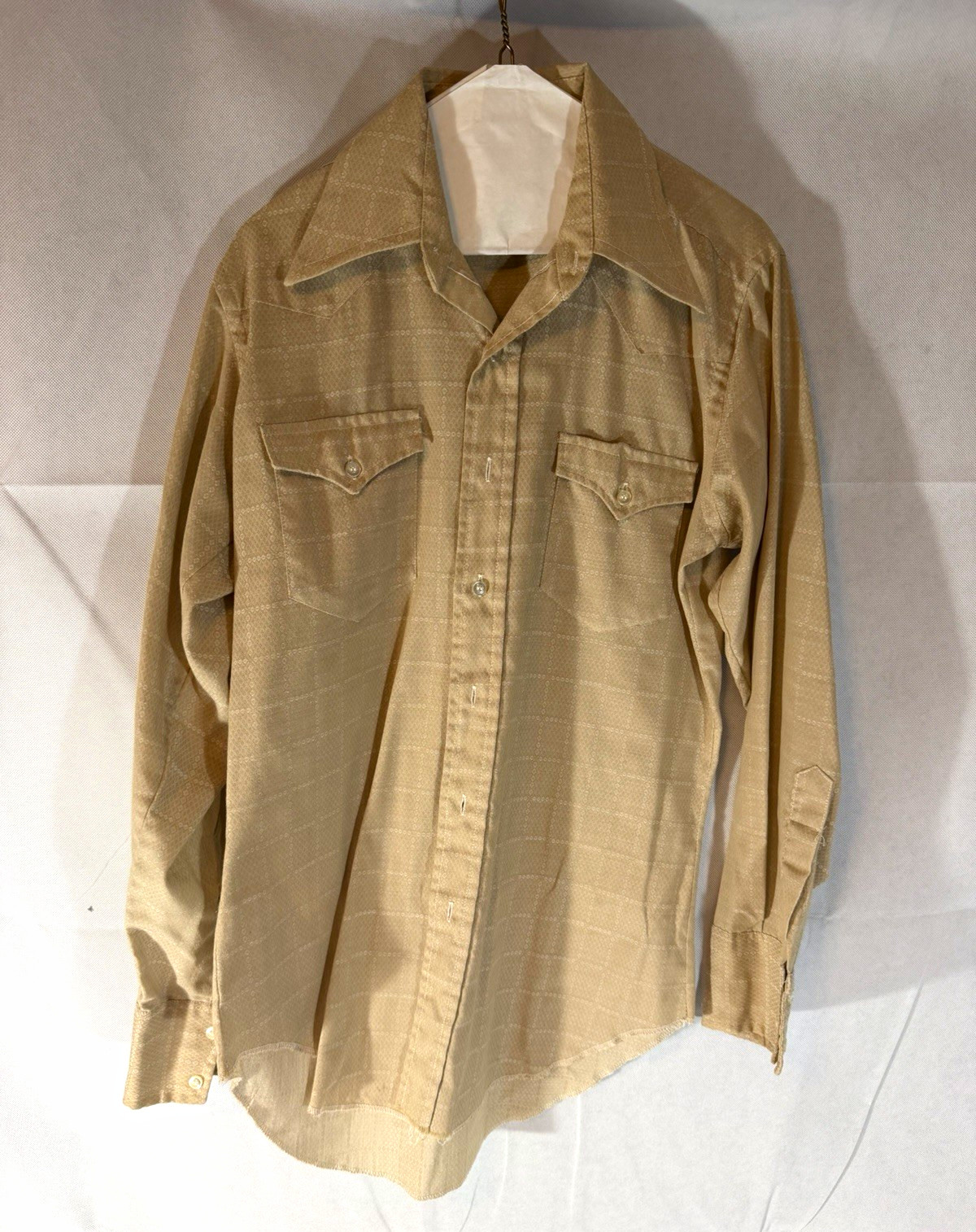 Vintage 70s Wrangler Permanent Press Western Shirt Button Up Tan Dagger Collar