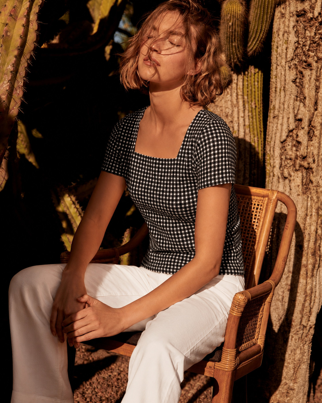 MEDIUM Anthropologie Knitted Gingham Square Neck, Wooden Button Top NWOT