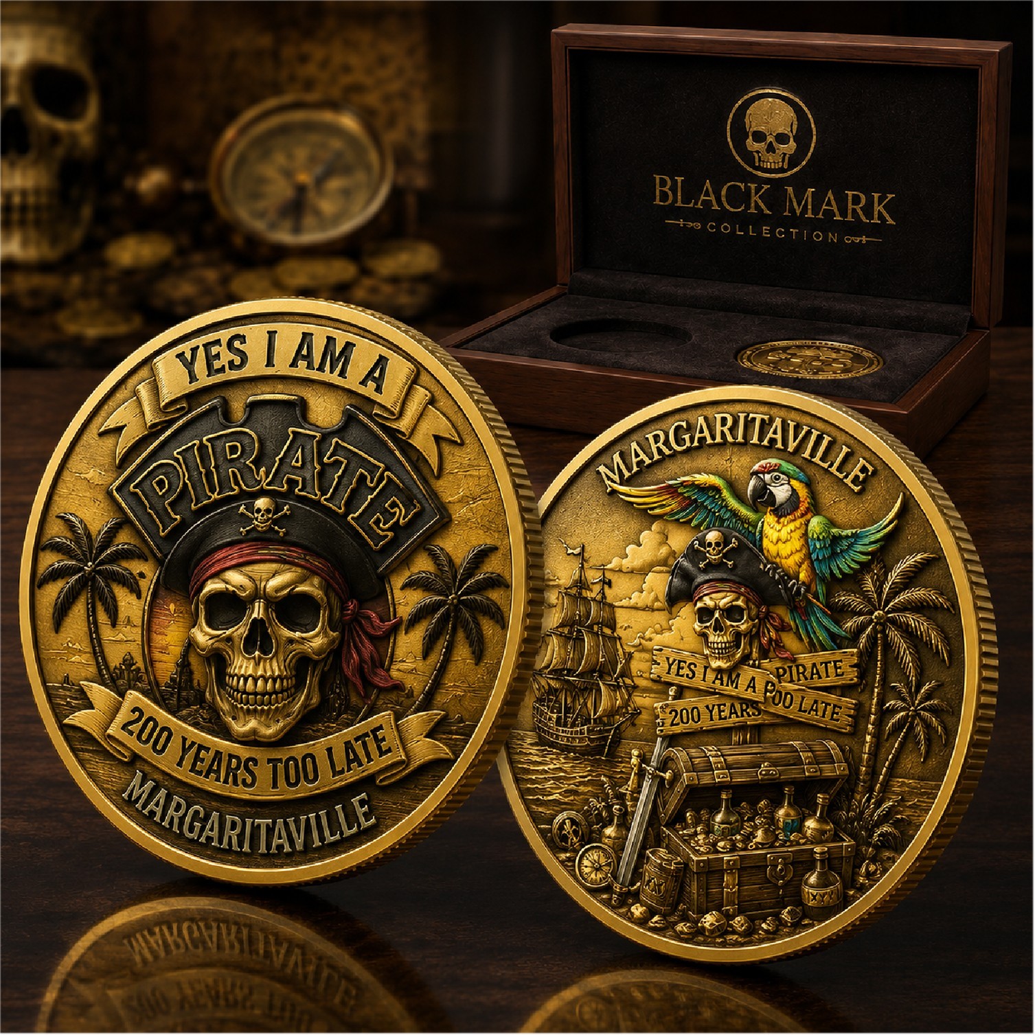 Margaritaville Pirate Challenge Coin Gold Plated Yes I Am A Pirate Skull Coin