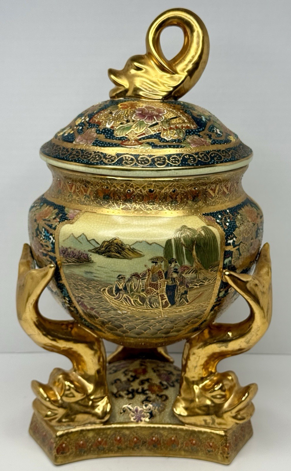 VTG Satsuma Style Gold Gilt Porcelain Urn Censer Fish Tripod Feet Jar Lid 16\
