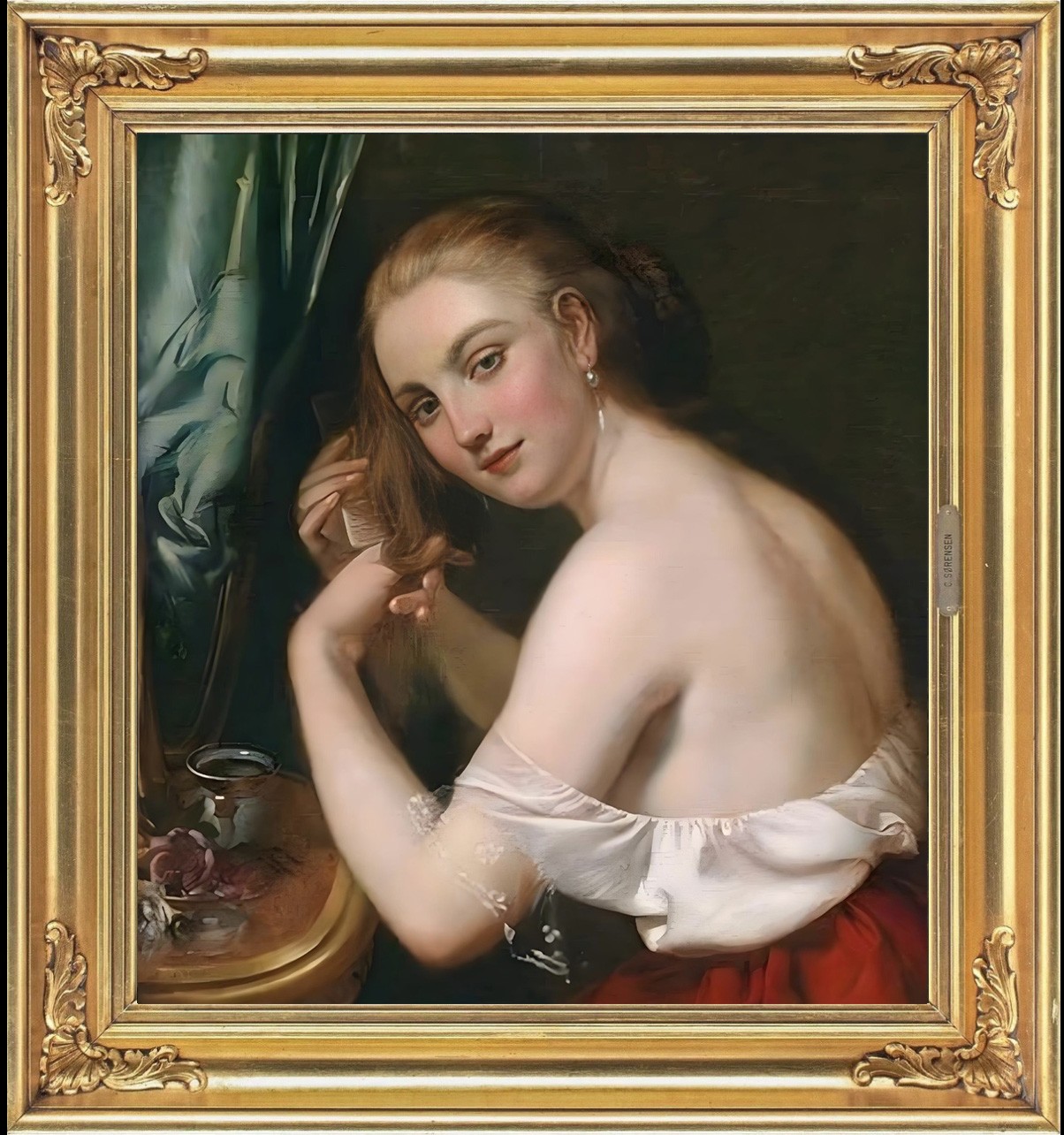 Hand Painted Classical Oil Painting Lady Combing Hair Art Canvas Vintage Style