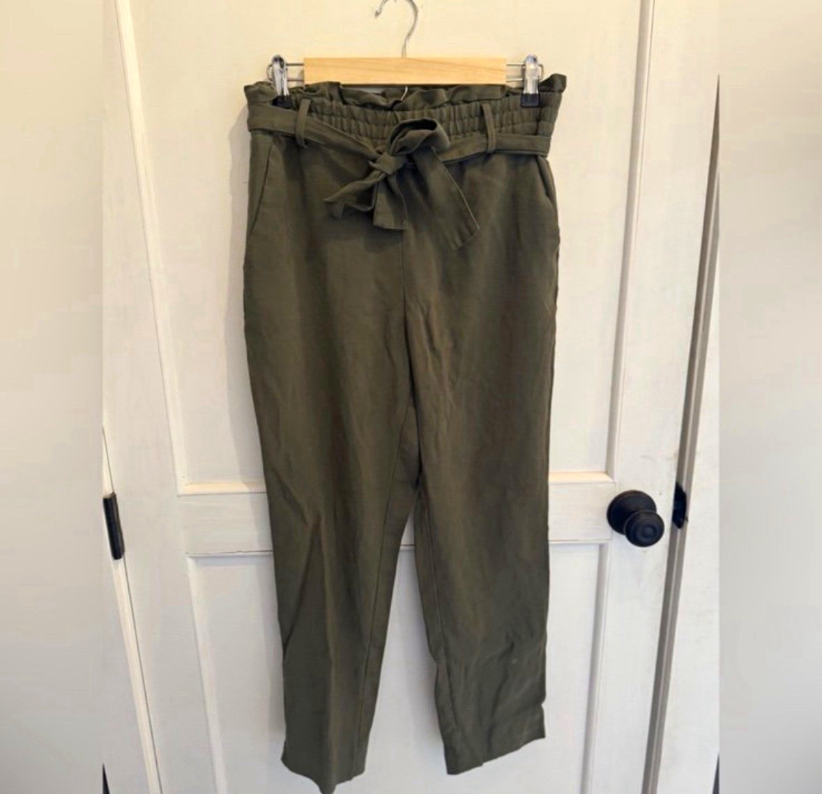 Zara Women’s Green Twill Paperbag Tie Waist Pants Solid Pockets Elastic S
