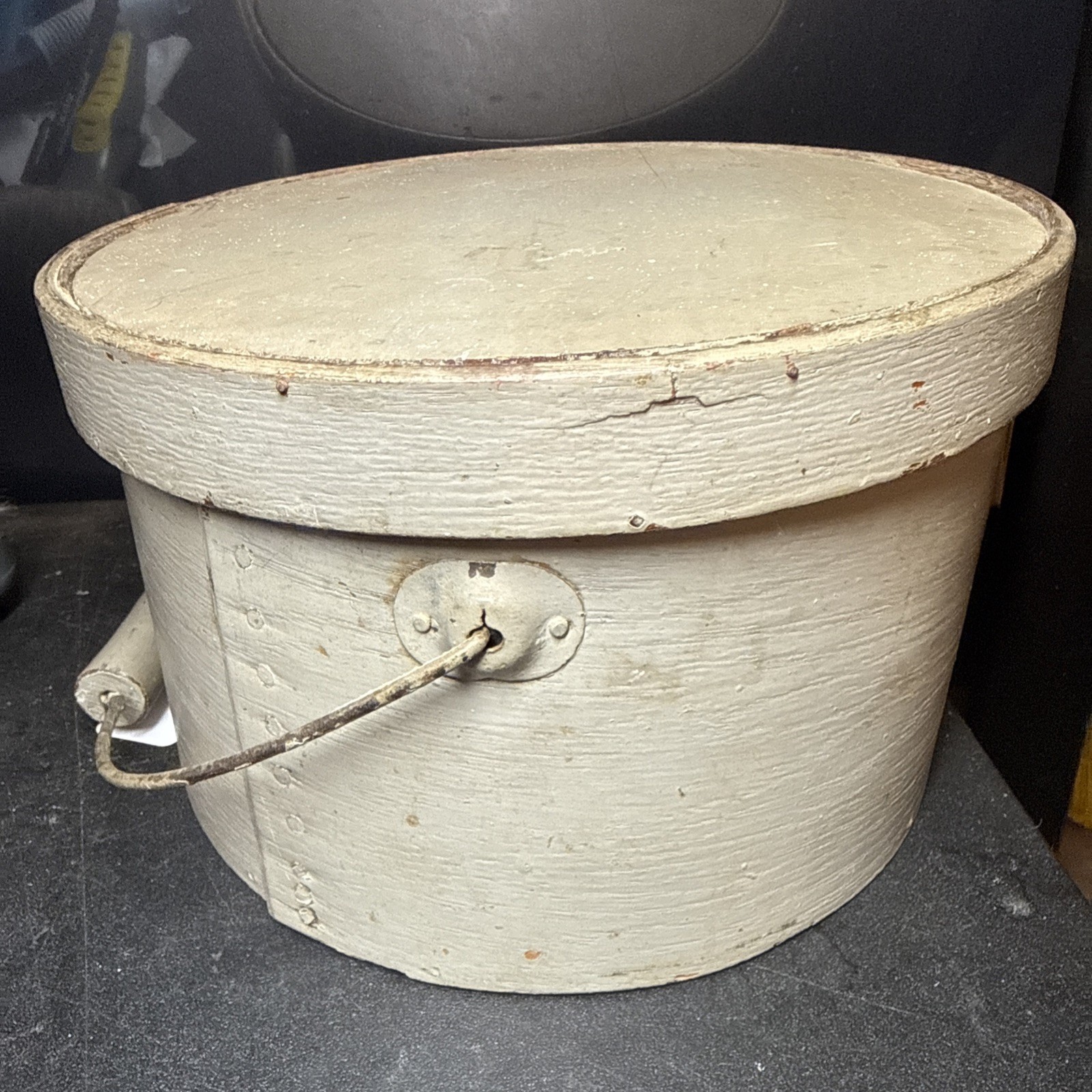 Antique Bail Handle Pantry Box In Old Gray/Green Paint 9 1/4” Wide Maine 5. 1/2 Antique Bail Handle Pantry Box In Old Gray/Green Paint 9 1/4” Wide Maine 5. 1/2