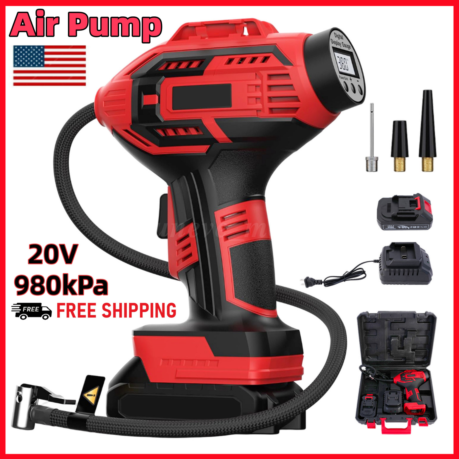20V Portable Car Tire Pump Electric Air Compressor LED Digital & Battery+Charger