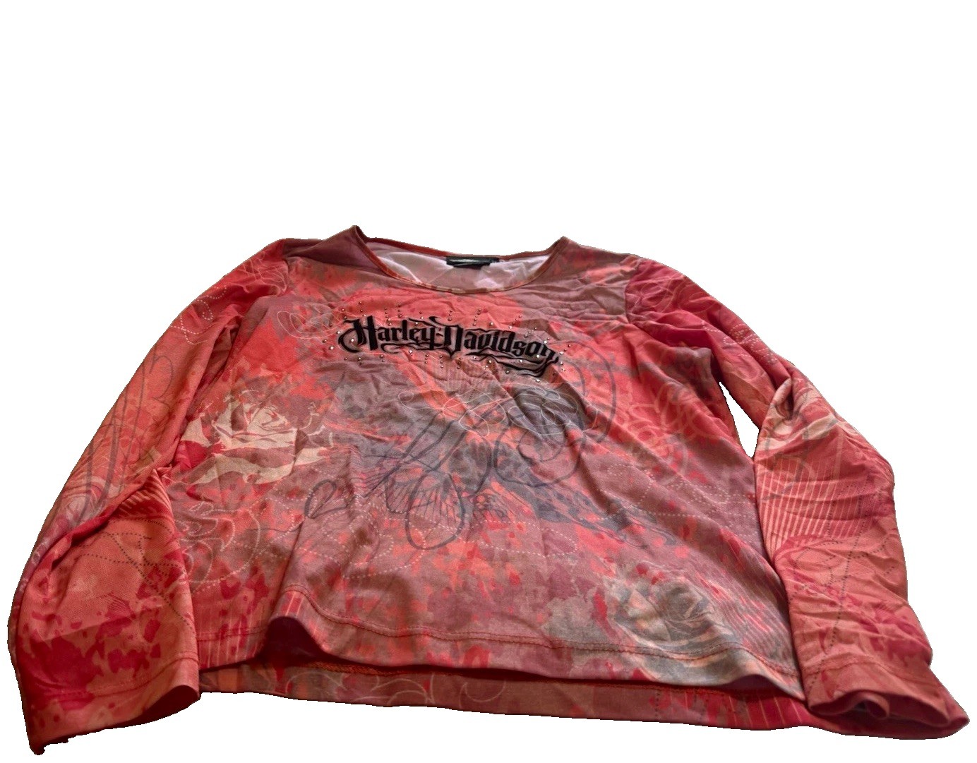 Harley-Davidson Womens Red Long Sleeve Rhinestone Graphic Shirt XL
