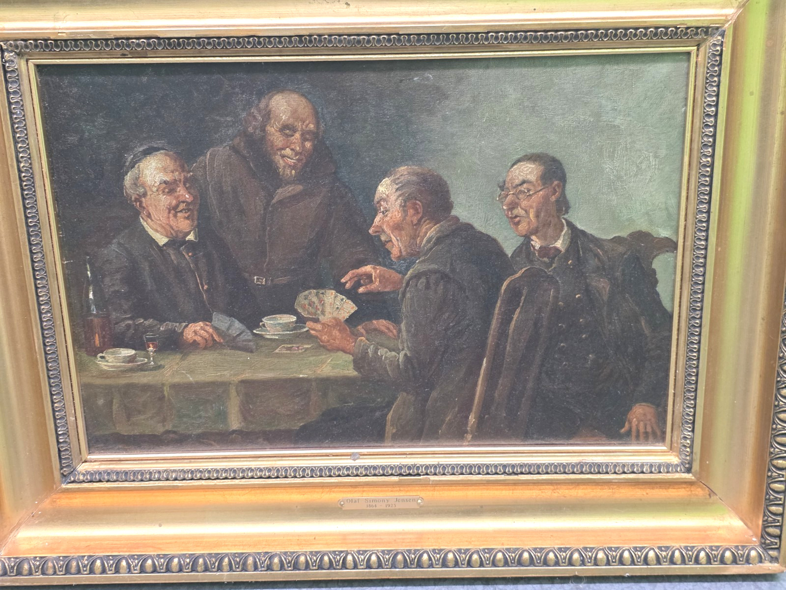 Olaf Simony Jensen Card Players Oil on Canvas Antique Painting