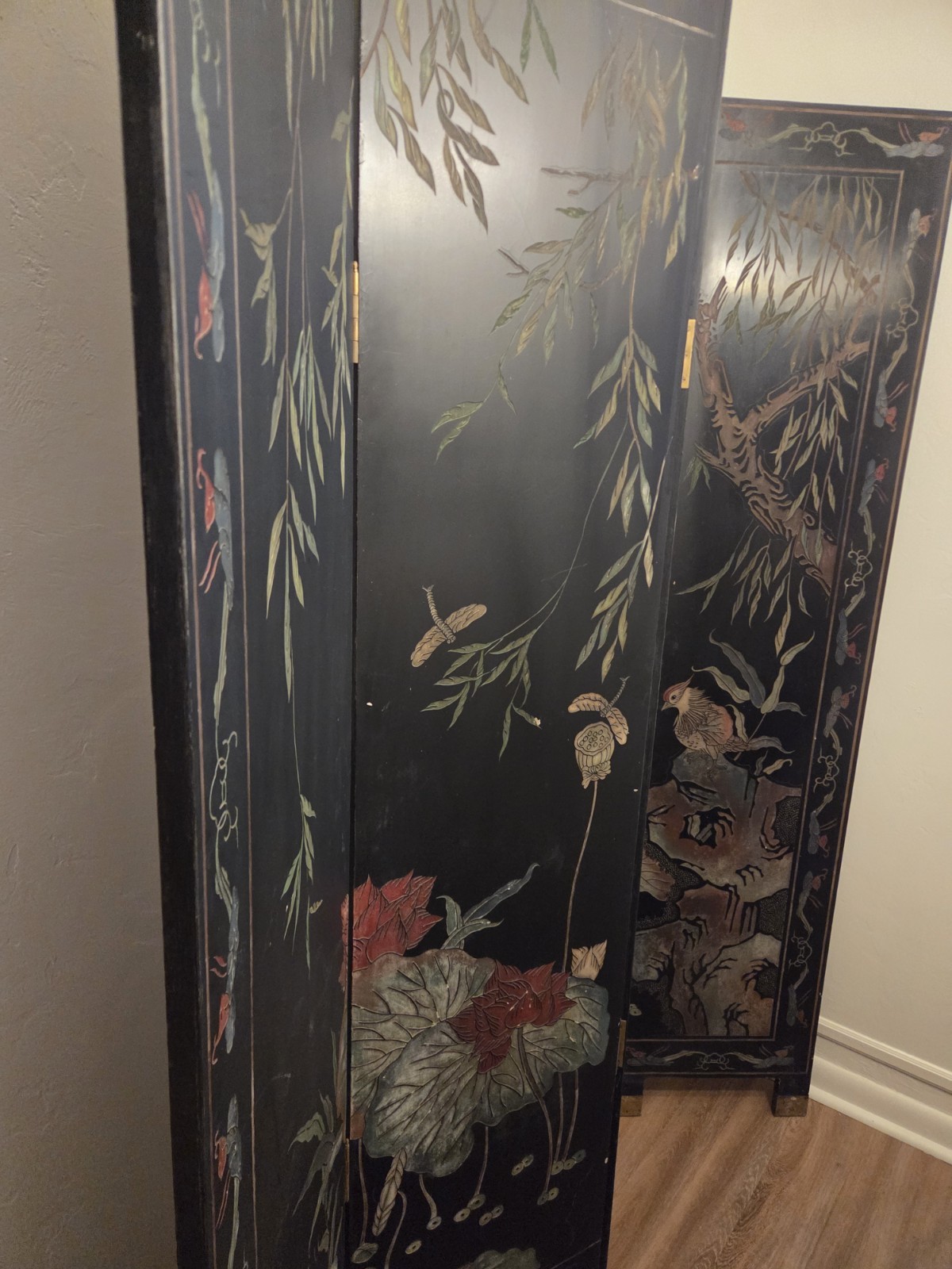Vintage Chinese Chinoiserie 4-Panel Black Lacquer Folding Room Divider Screen