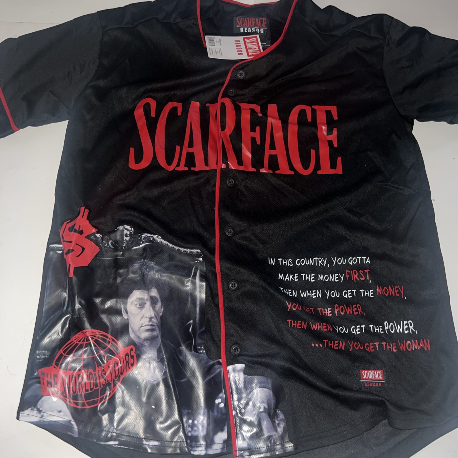 Reason Brand X Scarface Tony Montana Baseball Jersey Men’s Sz S-XL Black Reason Brand X Scarface Tony Montana Baseball Jersey Men’s Sz S-XL Black