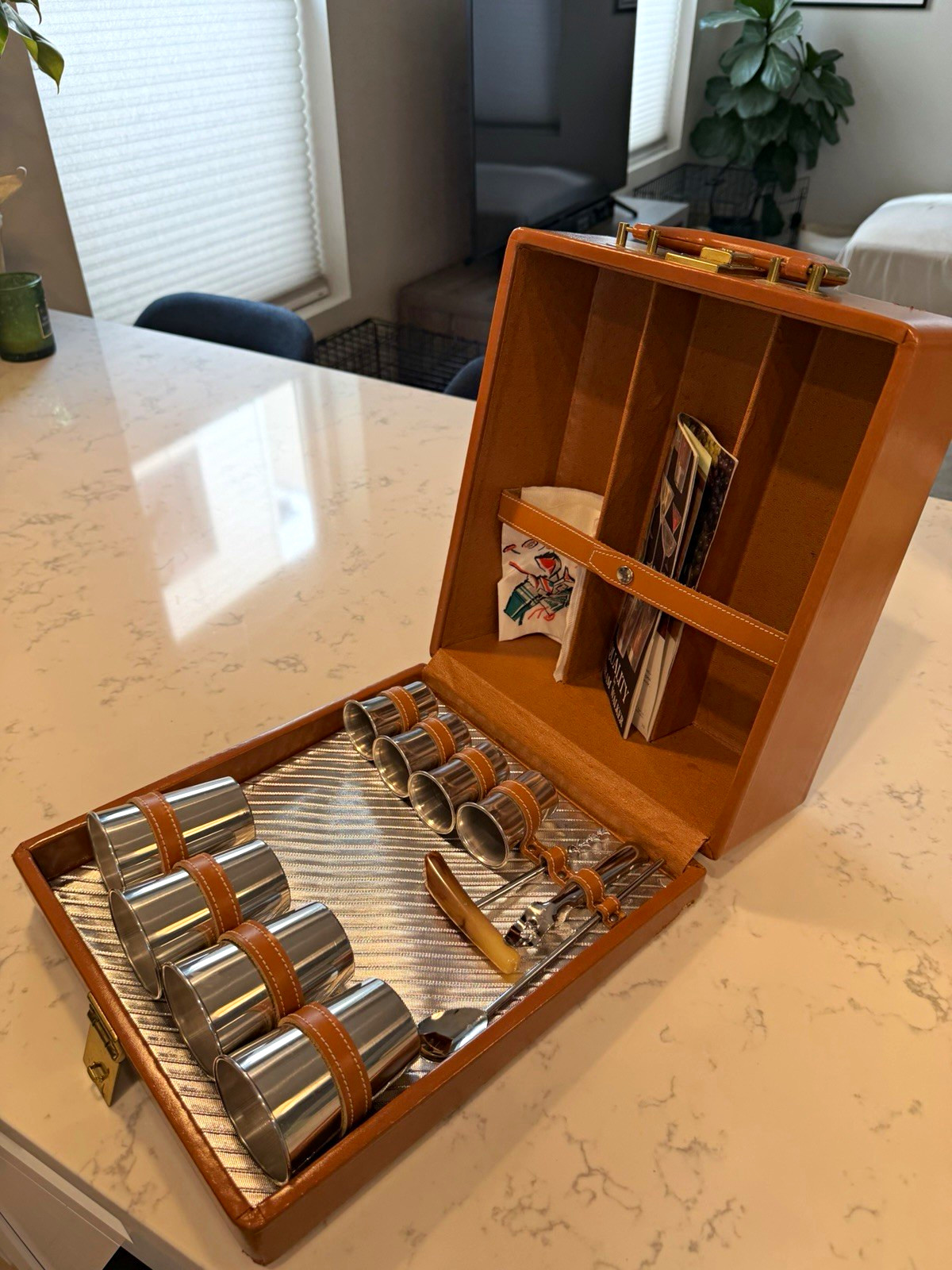 True Vintage 1960s Brown Leather Hard Case Suitcase Travel Bar Set w/ Cups True Vintage 1960s Brown Leather Hard Case Suitcase Travel Bar Set w/ Cups