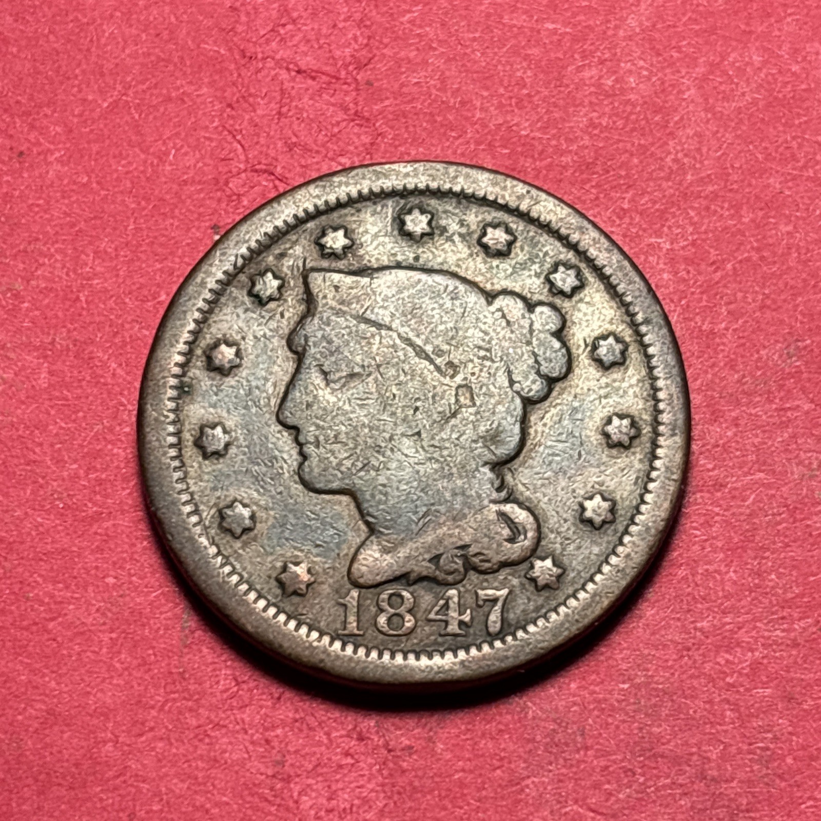 (1) Beautiful Antique 1847 Braided Hair Large Cent/Penny CHOICE G-GOOD