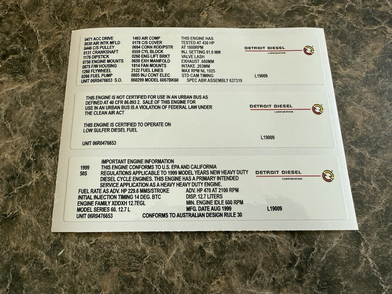 1999 12.7 Detroit Diesel Series 60 Engine Sticker For Offroad Use Only 1999 12.7 Detroit Diesel Series 60 Engine Sticker For Offroad Use Only
