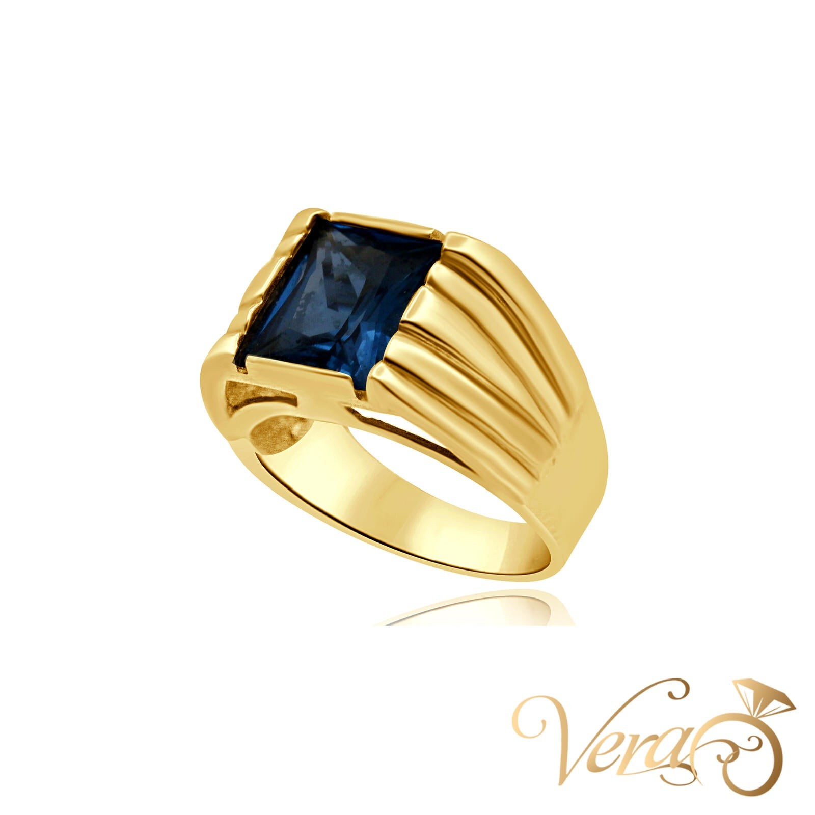 10K Yellow Gold Men’s Ring with Octagonal Blue CZ Center Stone, Size 9, 7.2g