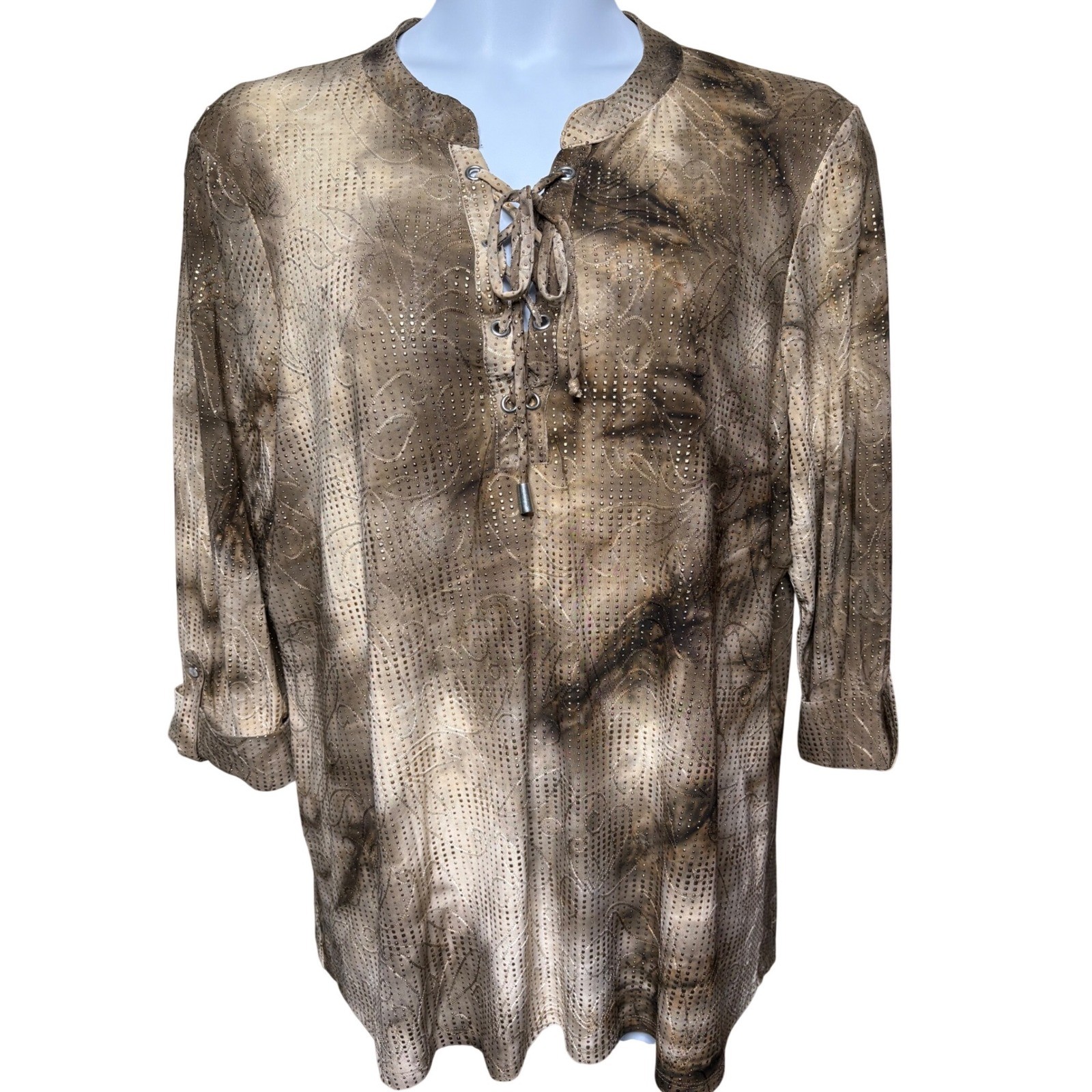 COCOMO WOMAN Brown Tie Dye Lace Up Bead Studs Tunic Blouse 2X Boho-Chic Shimmer