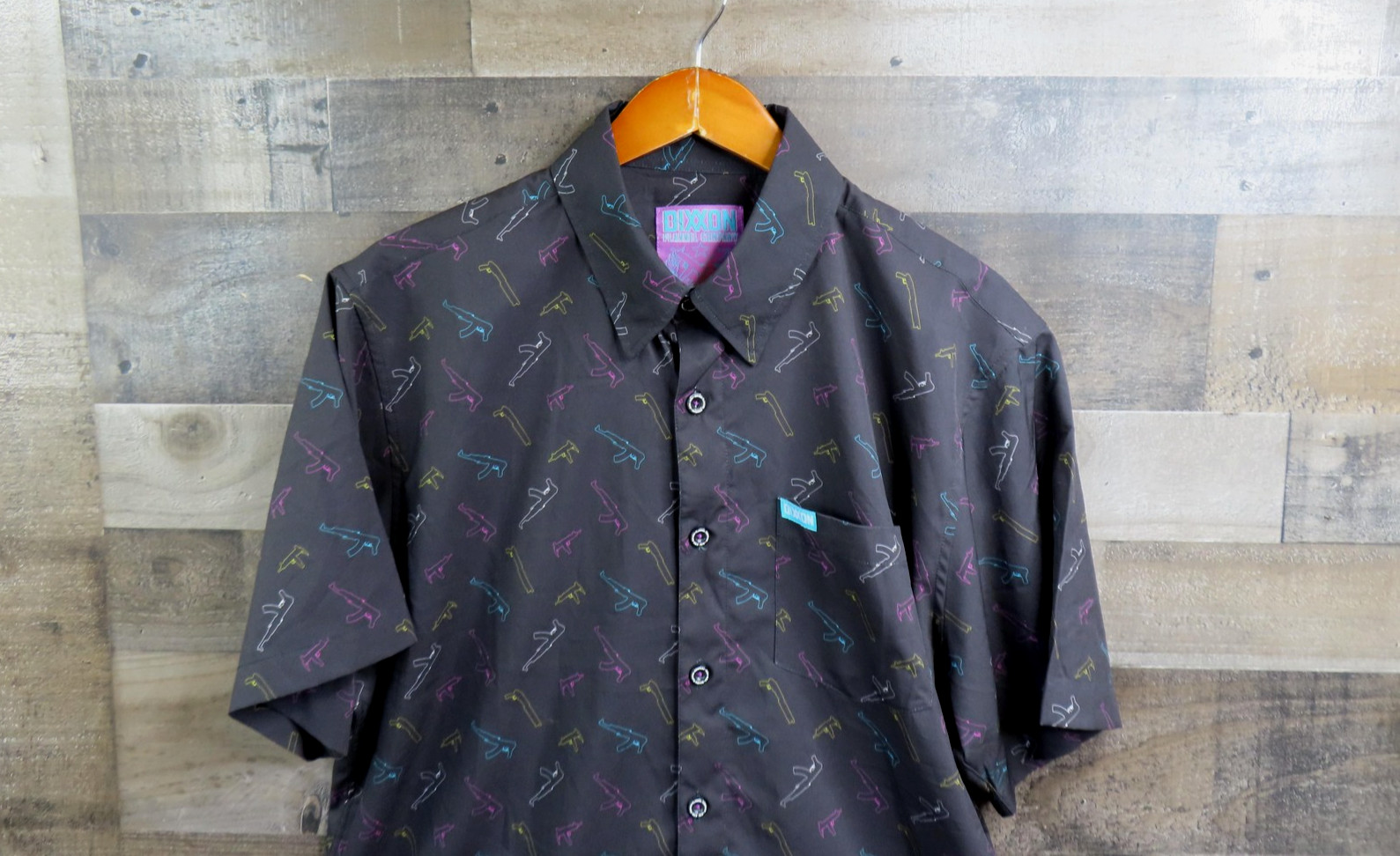 Dixxon Pew Pew Shirt Mens Large Black Gun Print Short Sleeve Button Front