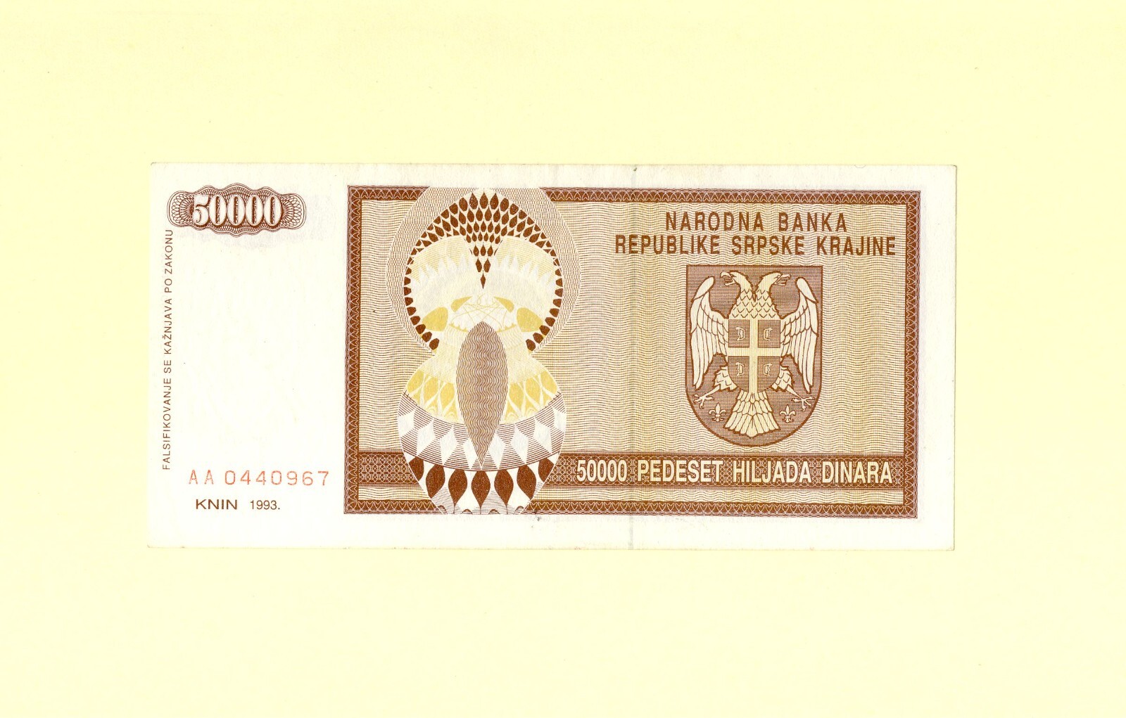 CROATIA HRVATSKA KNIN 50.000 HILJADA DINARA 1992 P-R8a VF++ RARE