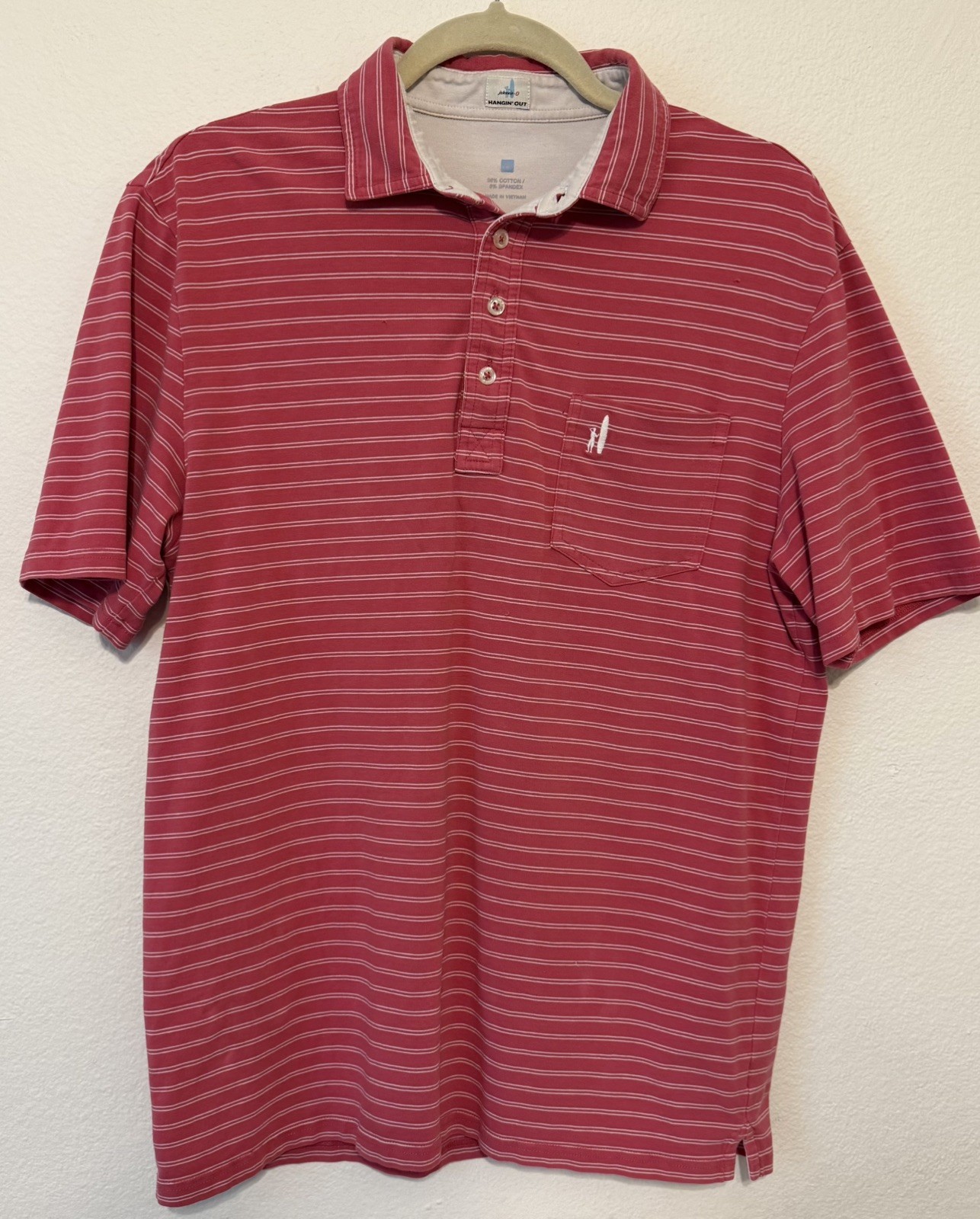 Johnnie O Hangin Out Mens Medium Salmon White Striped Short Sleeve Cotton Polo Johnnie O Hangin Out Mens Medium Salmon White Striped Short Sleeve Cotton Polo