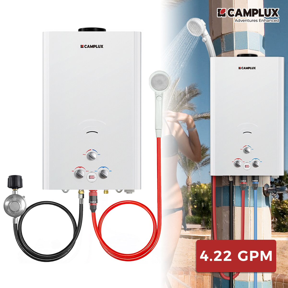 CAMPLUX 16L Tankless Propane Gas Water Heater 4.22GPM Outdoor Instant Hot Shower