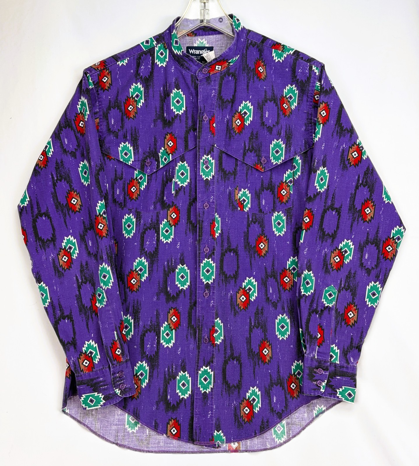 Vintage Wrangler Cowboy Cut Aztec Western Shirt Banded Collar Purple 16.5x35 USA