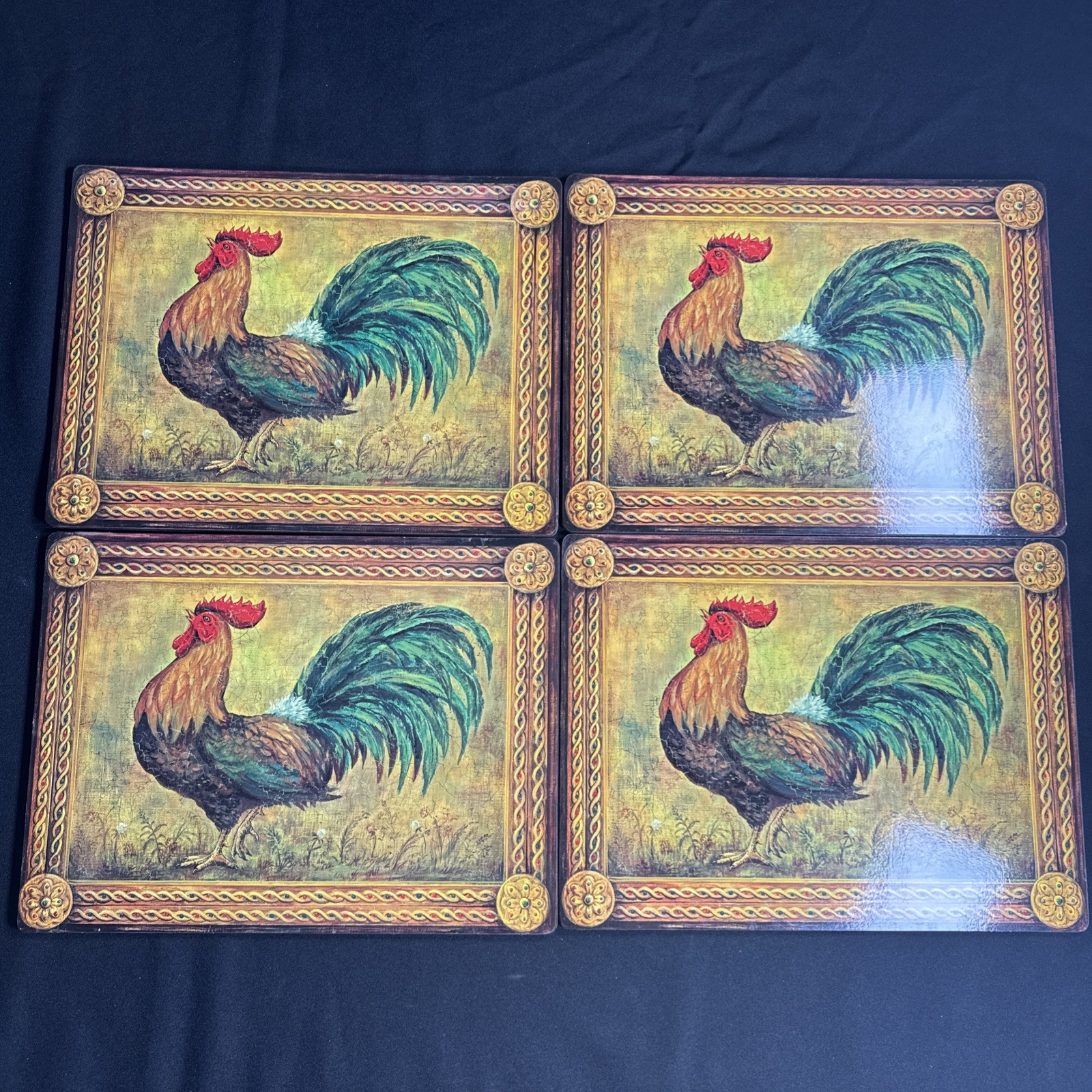 Vintage Country Rooster Cork Backed Hardboard Placemats Table Mats Set of 4